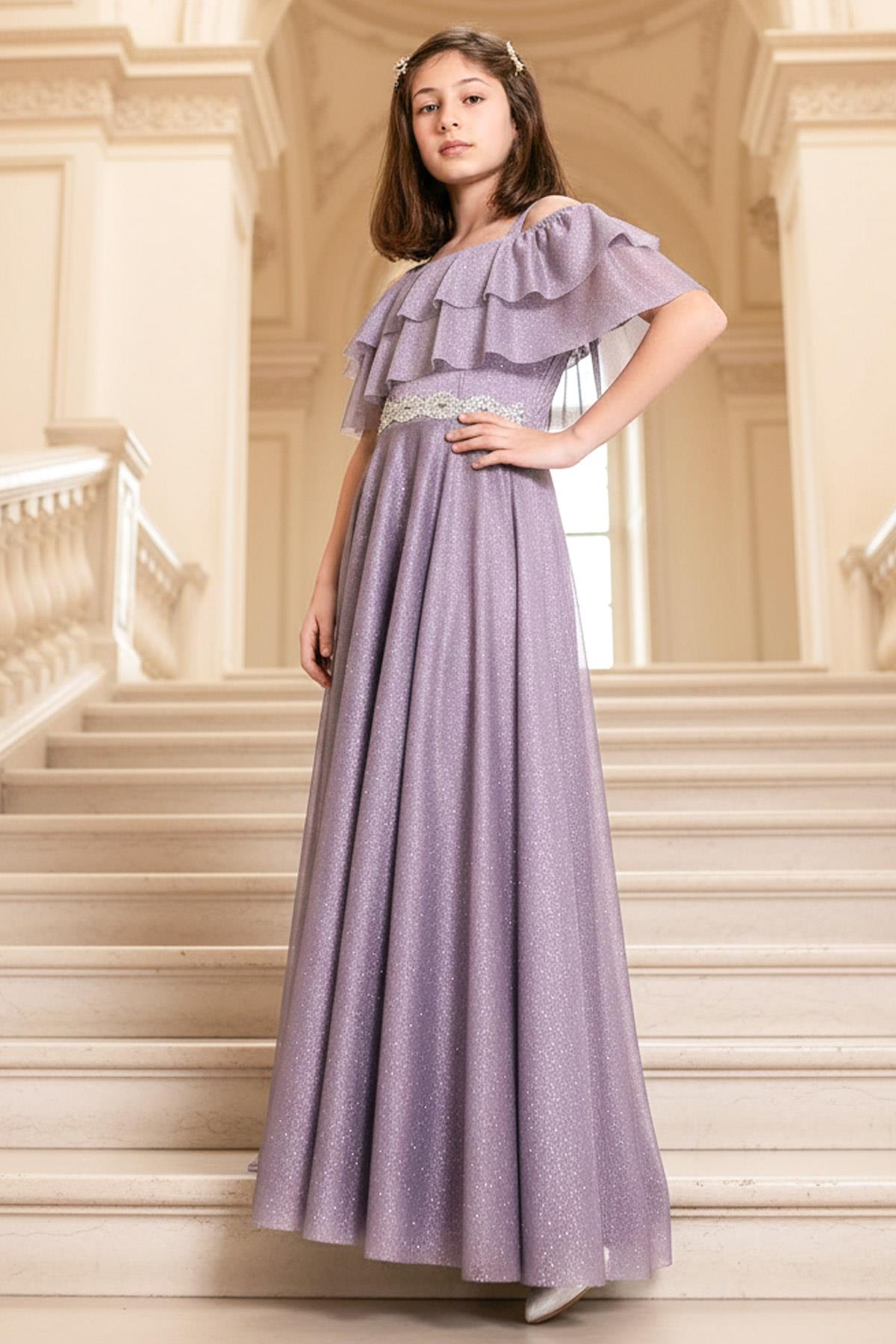 Detaillierter silberner Tüll mit Rüschen Lila Abend MDV314