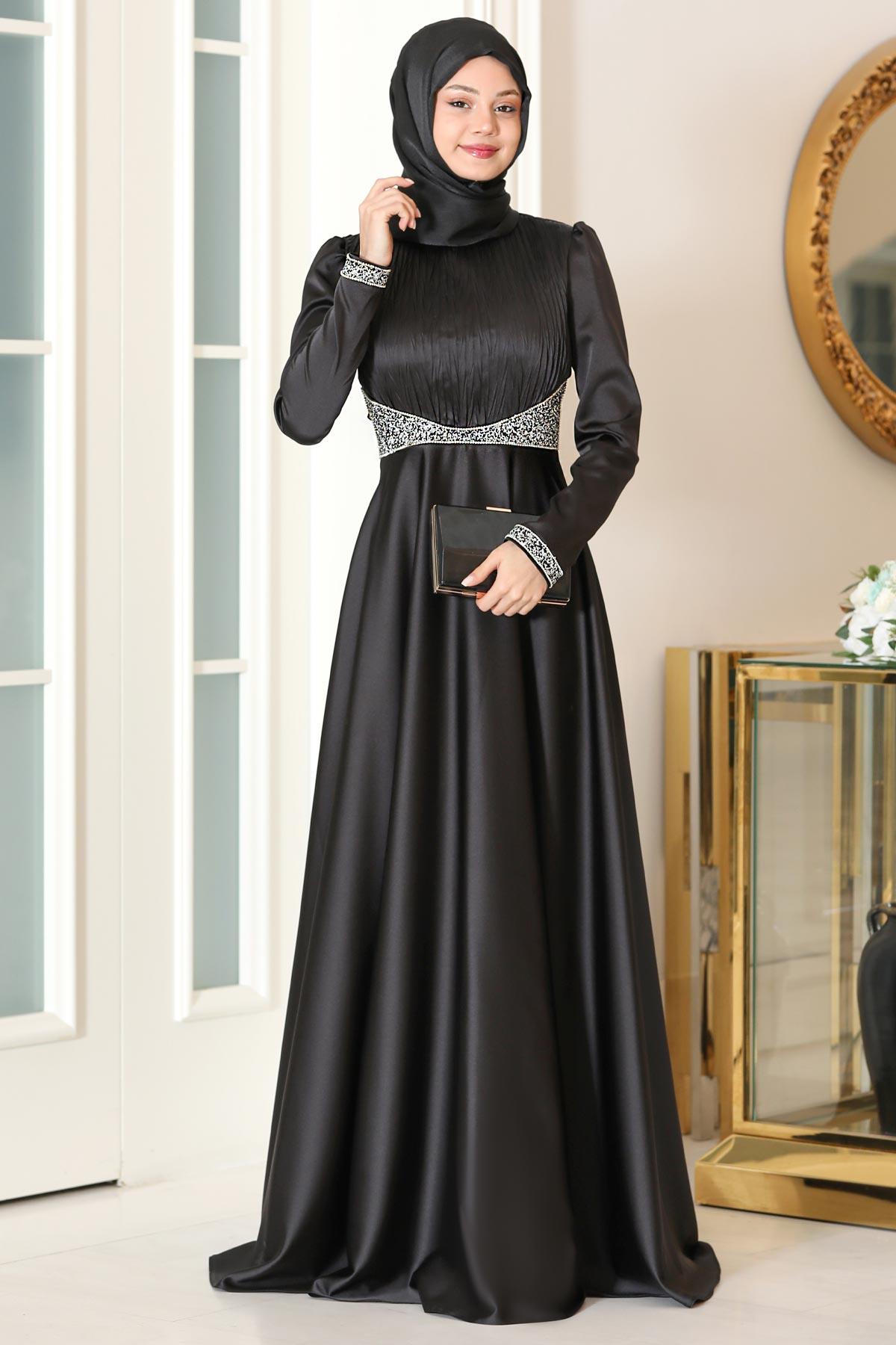 Stone Print Detailed Satin Evening Dress Black SN80