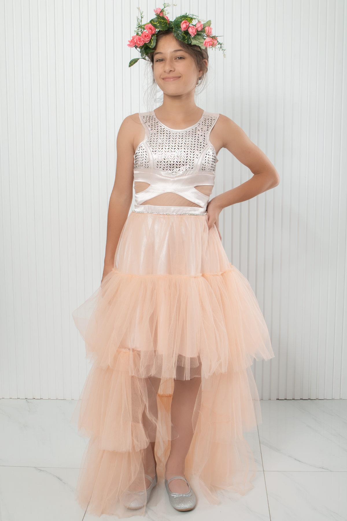 Robe de soirée en tulle détaillée à imprimé pierre Saumon MDV340