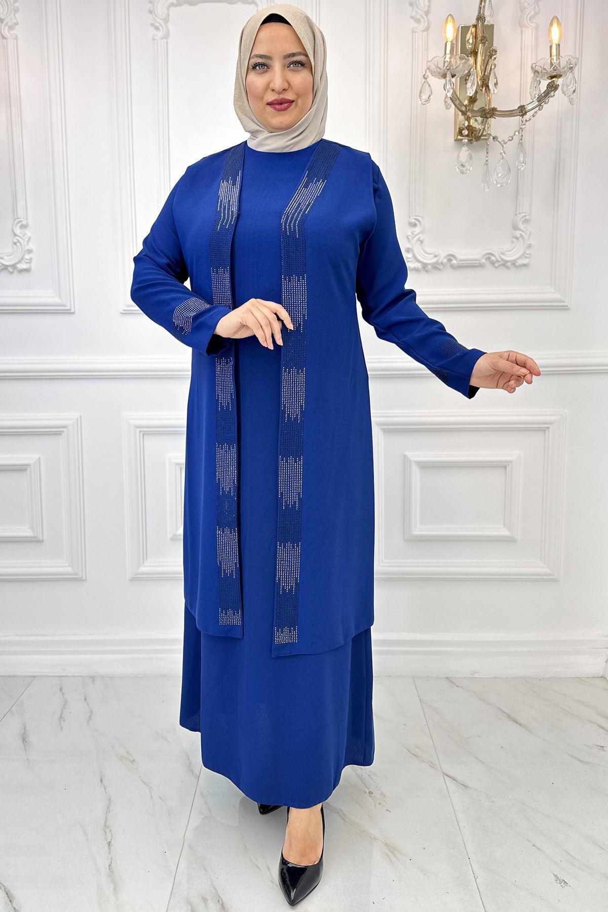 Stone Print Detailed Evening Dress Indigo AMH960