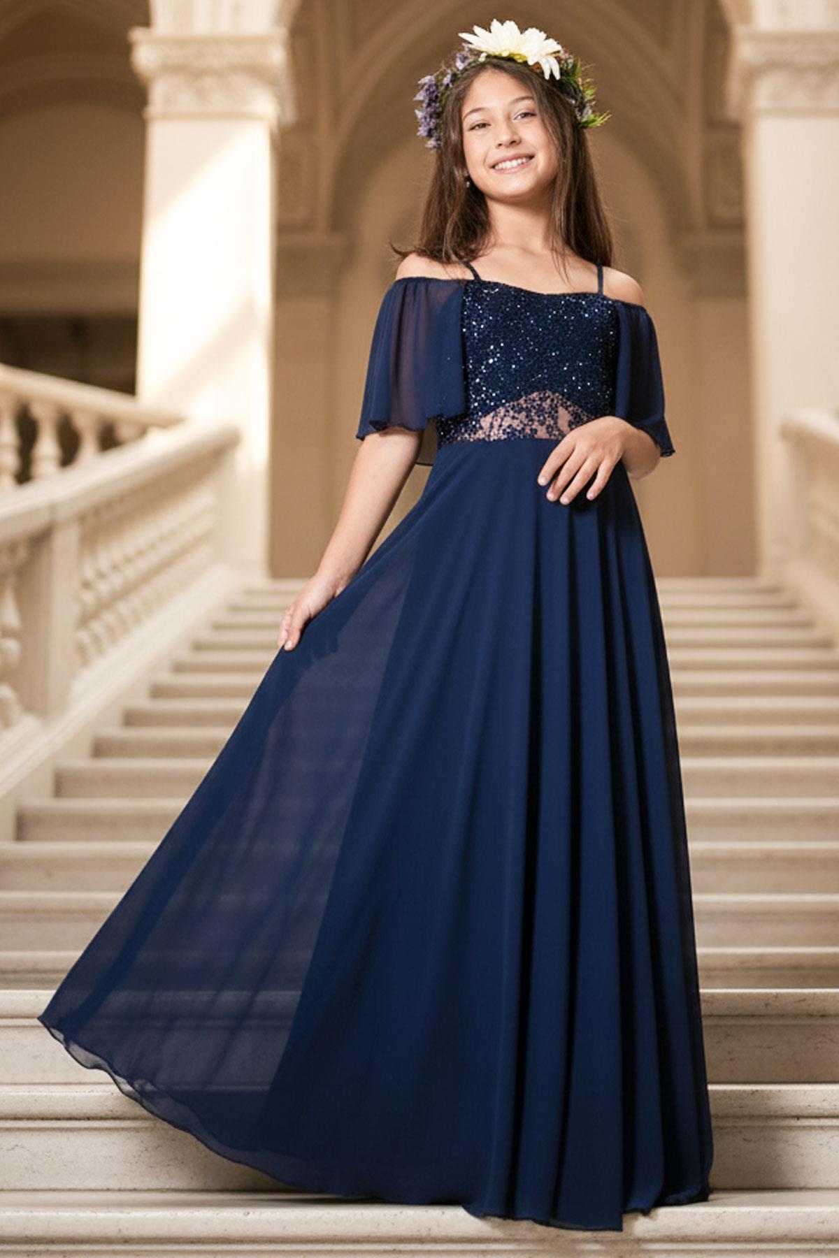 9-14 Years Old Lace Chiffon Evening Dress Dark Blue MDV330