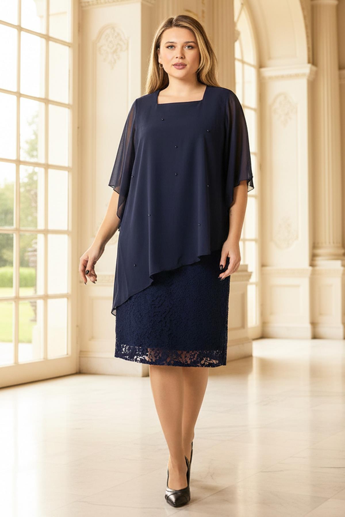 Pearl Chiffon Evening Dress Dark Blue FHM908