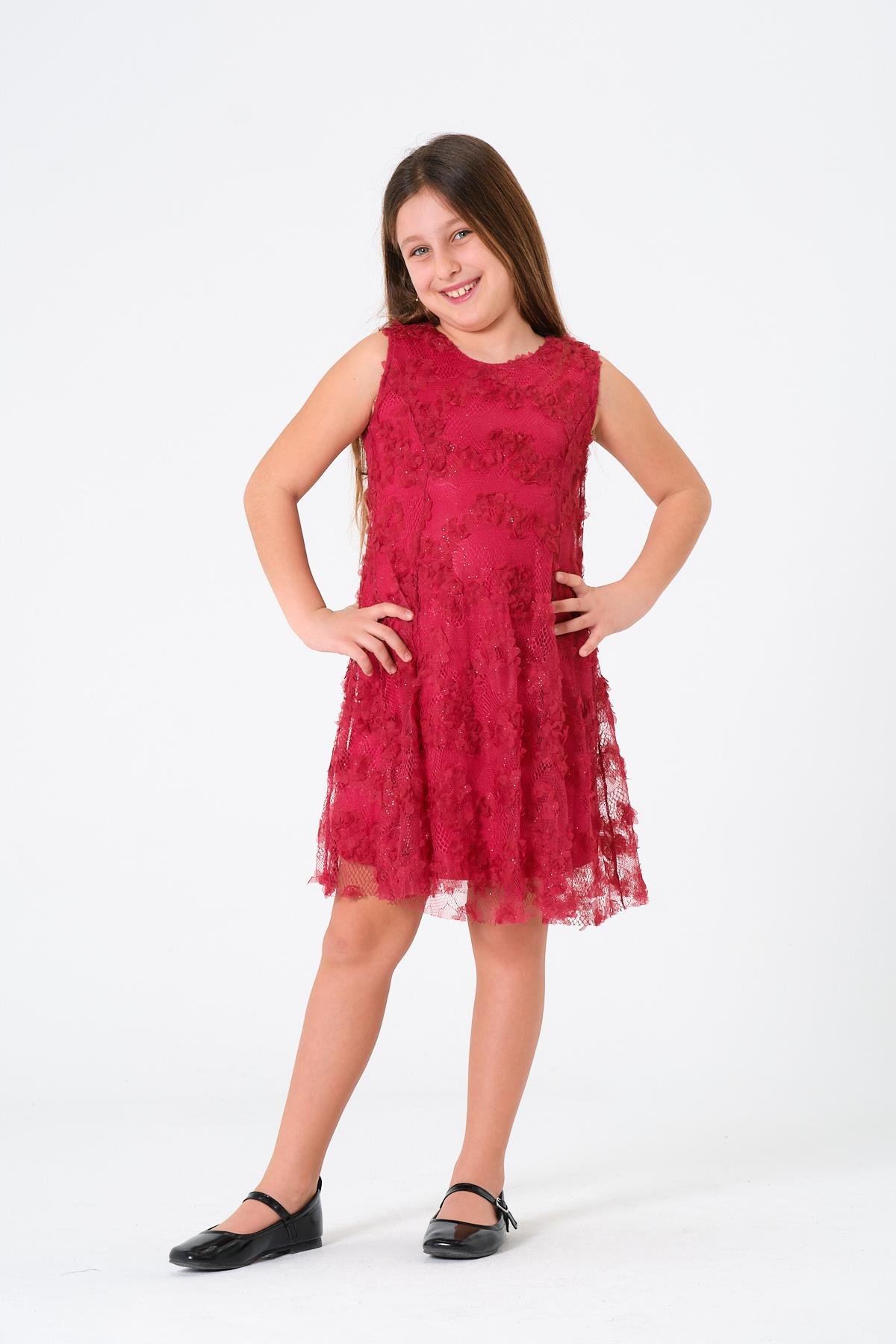 Kız Çocuk Çiçek Detaylı Dantelli Abiye Elbise Bordo KVC966