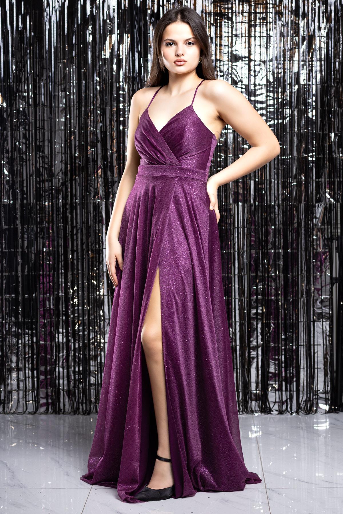 Simli Tül Abiye Elbise Mürdüm MDV366