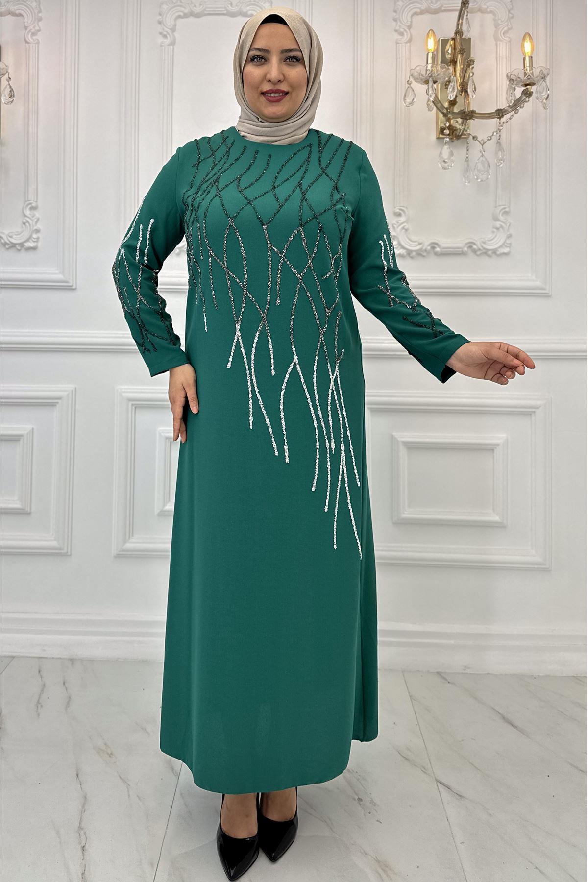 Stone Print Detailed Evening Dress Emerald AMH962