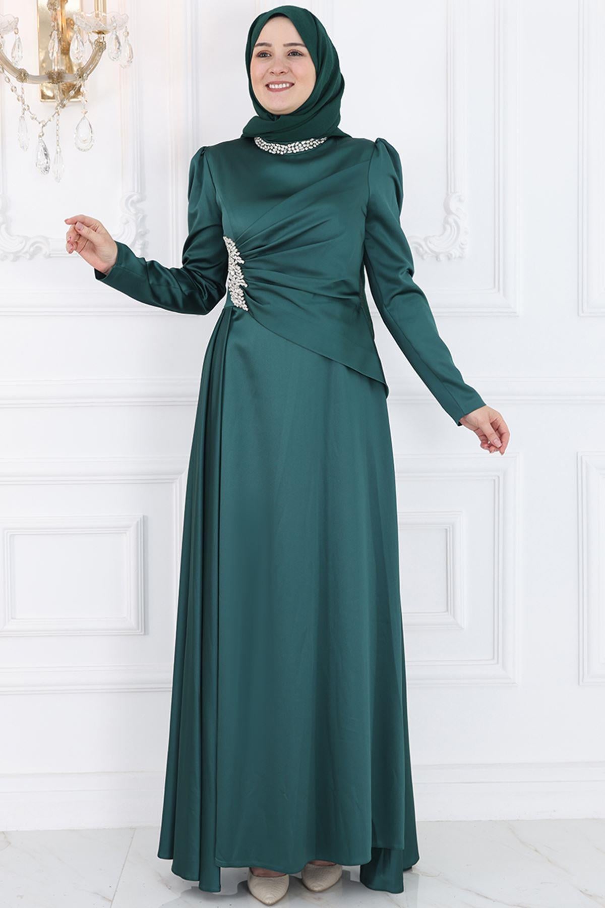 Stone Print Detailed Chiffon Evening Dress Emerald AMH988