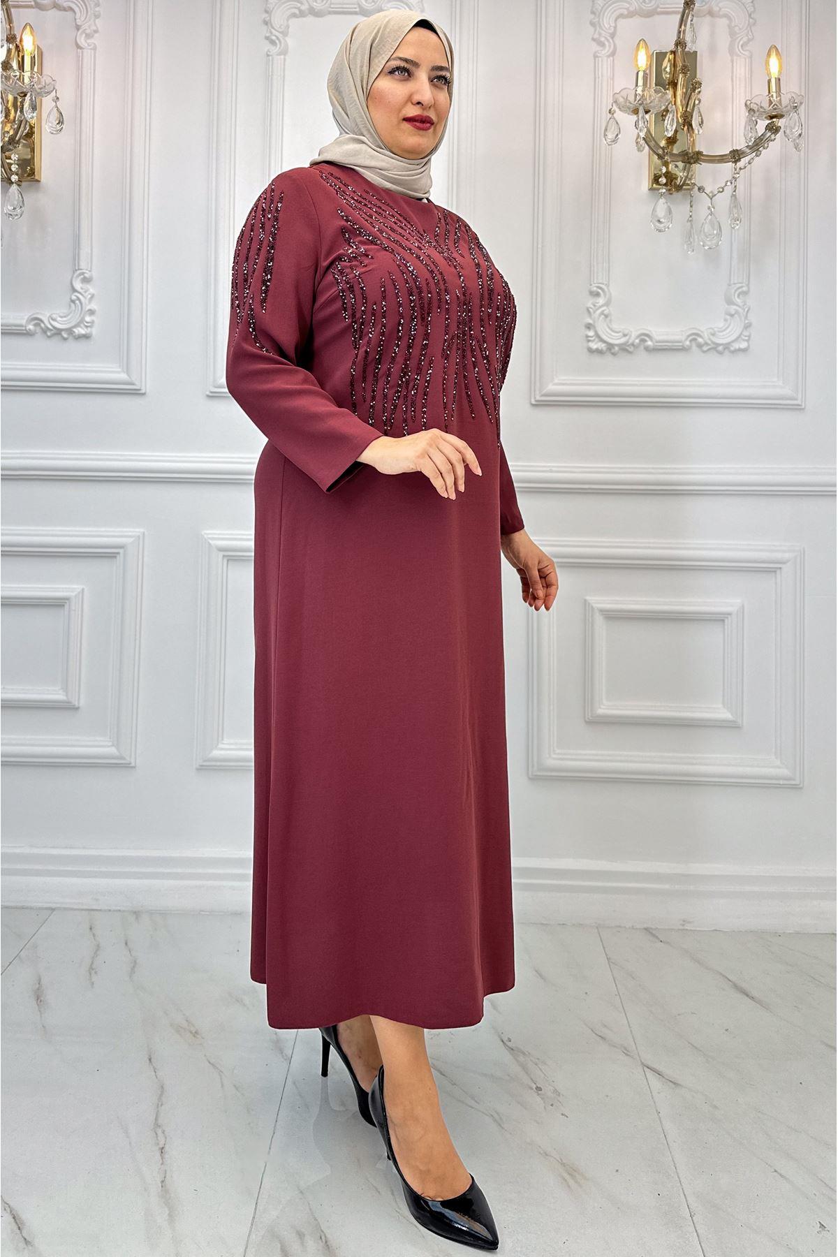 Stone Print Detailed Evening Dress Dusty rose AMH964