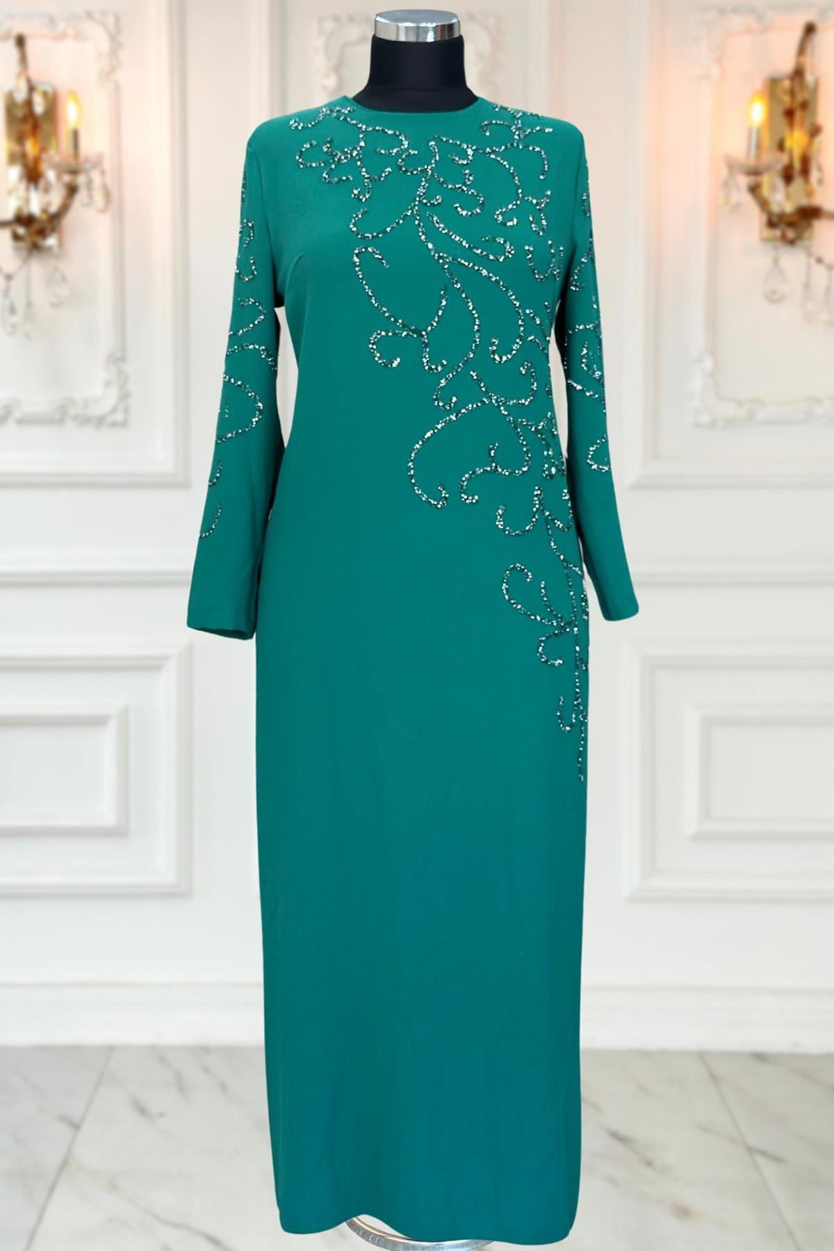 Stone Print Detailed Evening Dress Emerald AMH1020