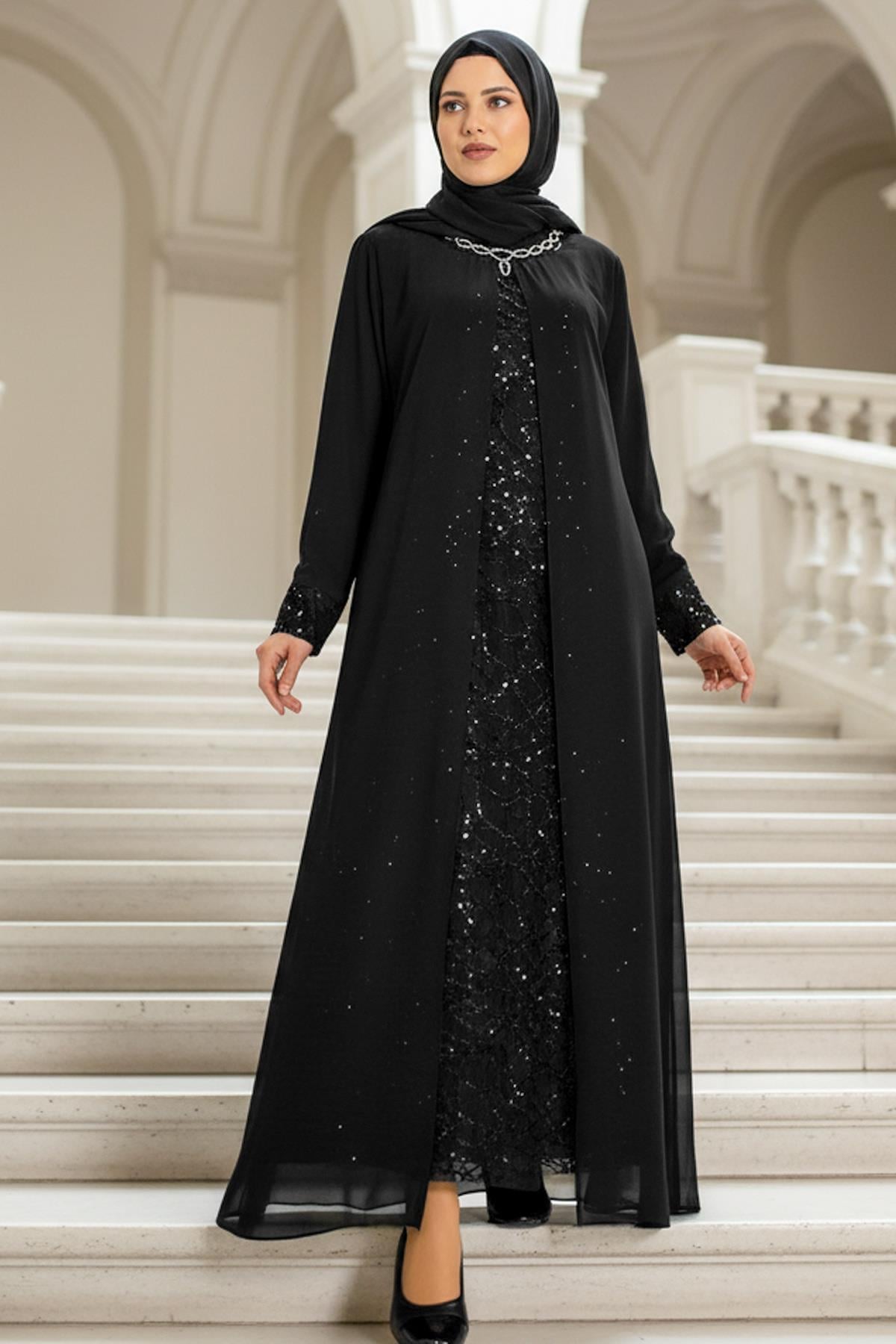 Sequin Detailed Evening Dress Black MDA2218