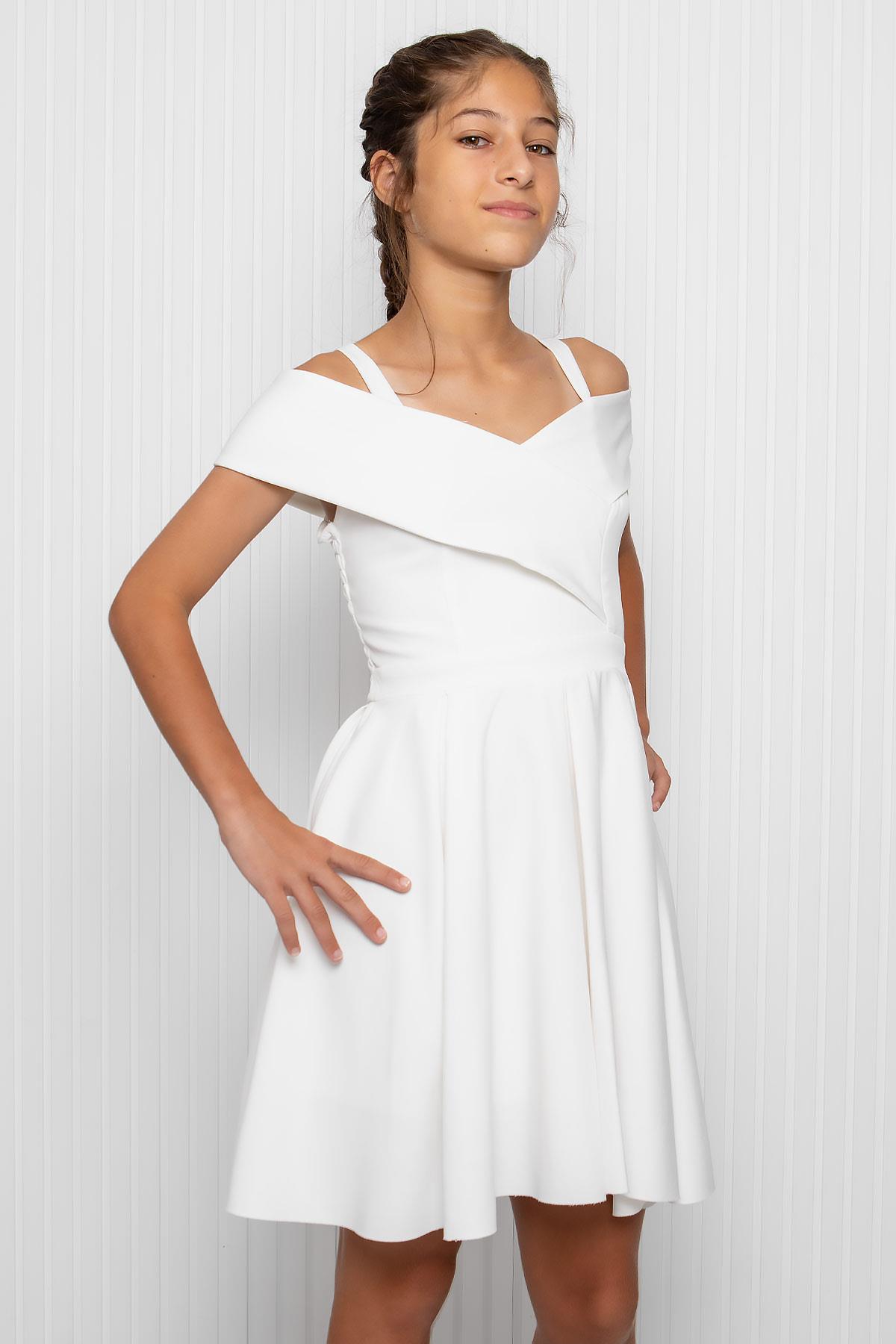 Frilly Crepe Evening Dress Ecru MDV350