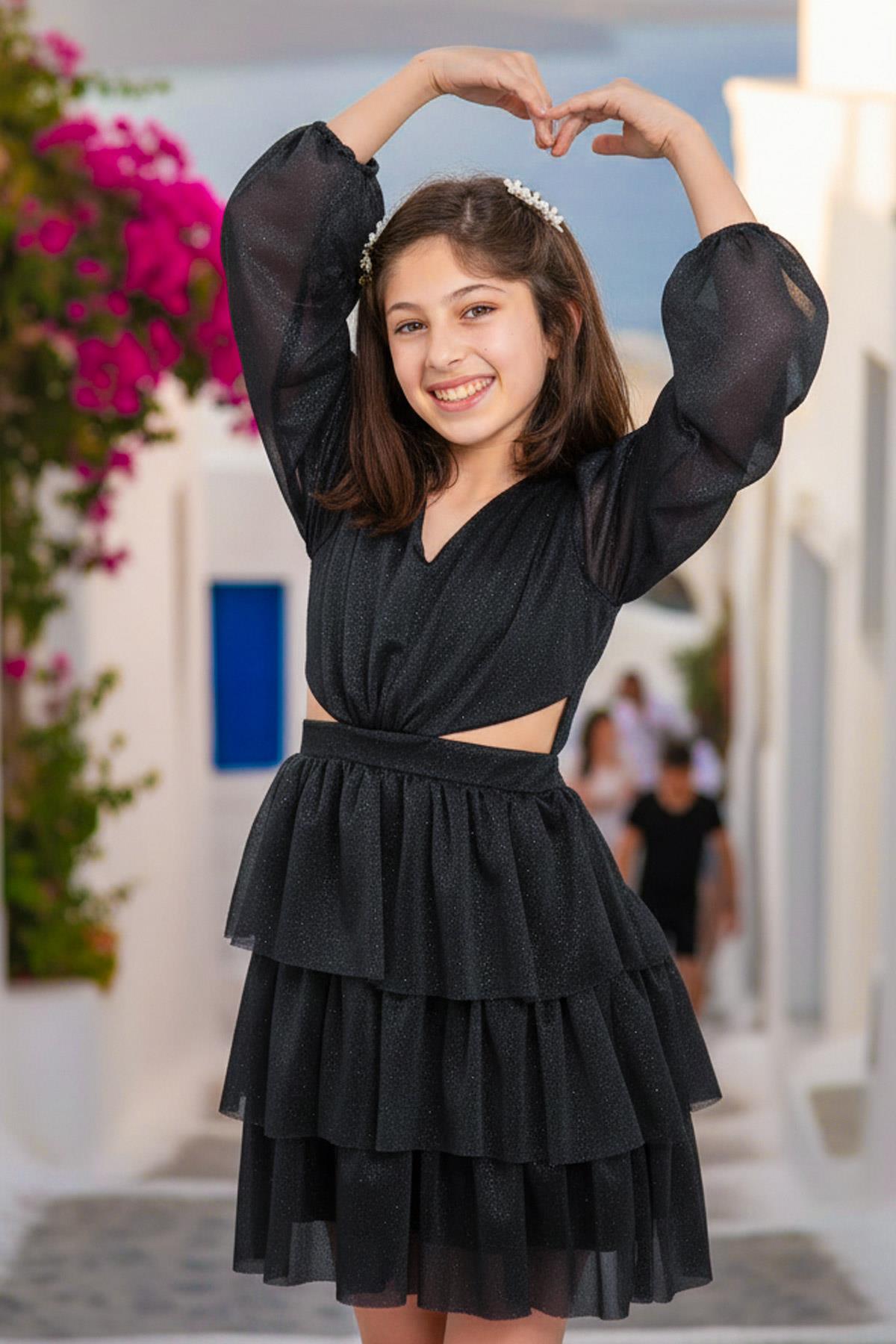 Robe de Soirée Enfant En Tulle Pailleté à Volants Noir MDV308