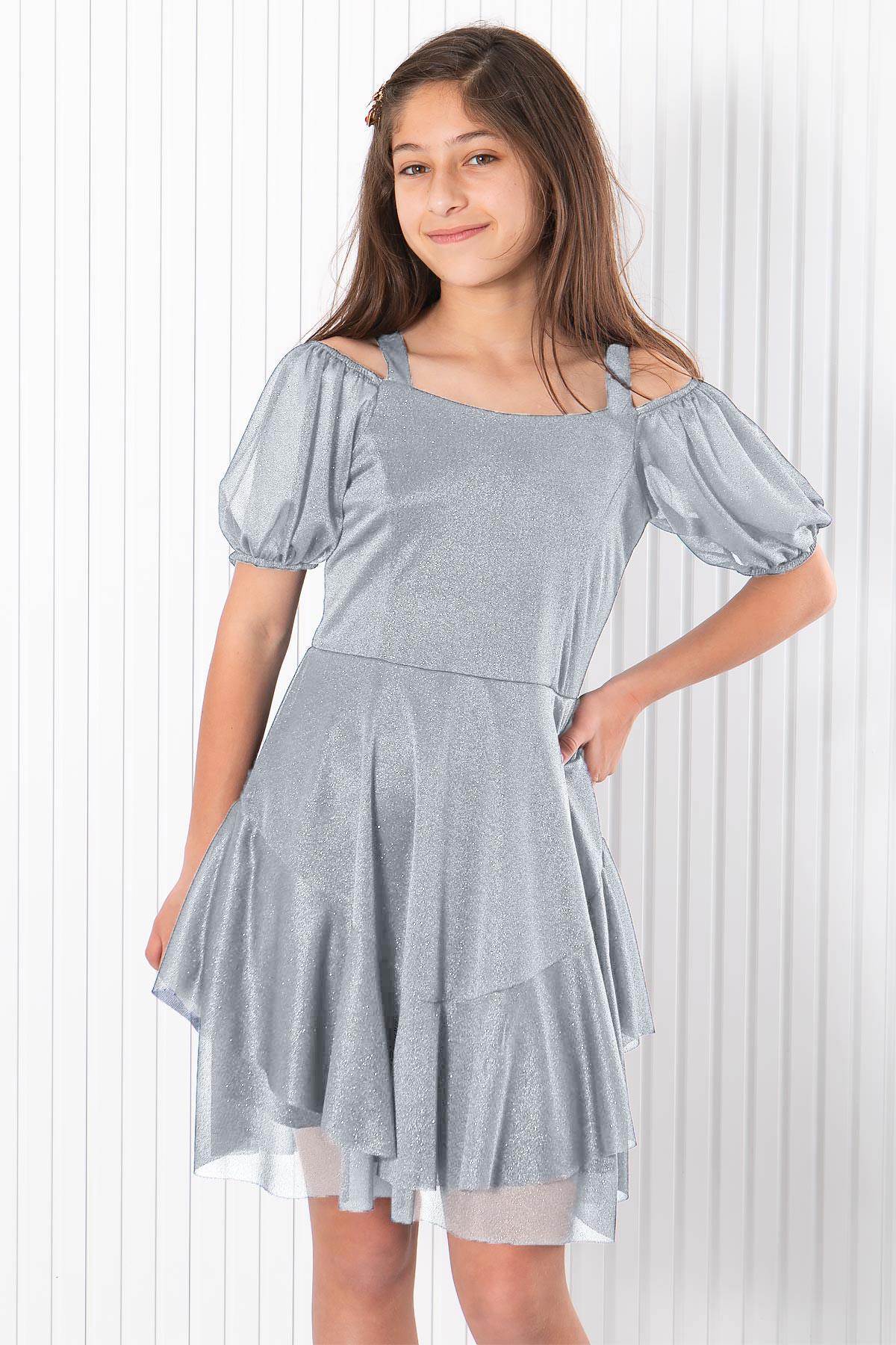 Balon Kol Simli Tül Abiye Gri MDV940