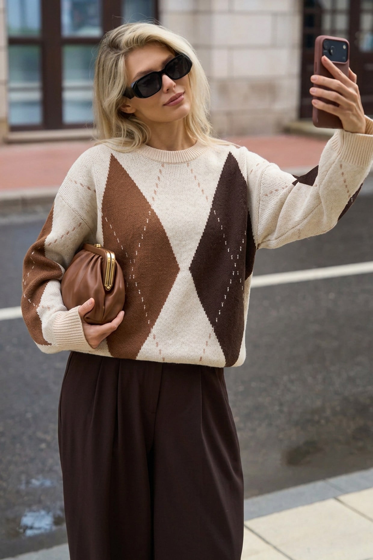 Yumoş Dokulu Baklava Desenli Salaş Tunik Kazak Krem FHM2601