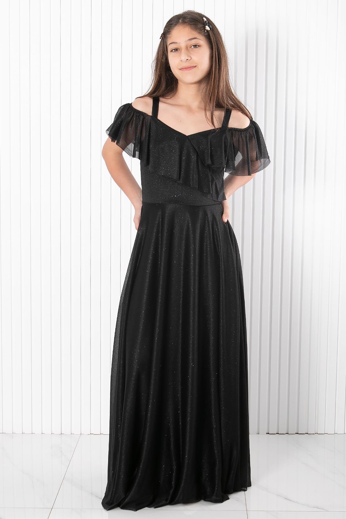 Askılı Simli Abiye Elbise Siyah MDV938