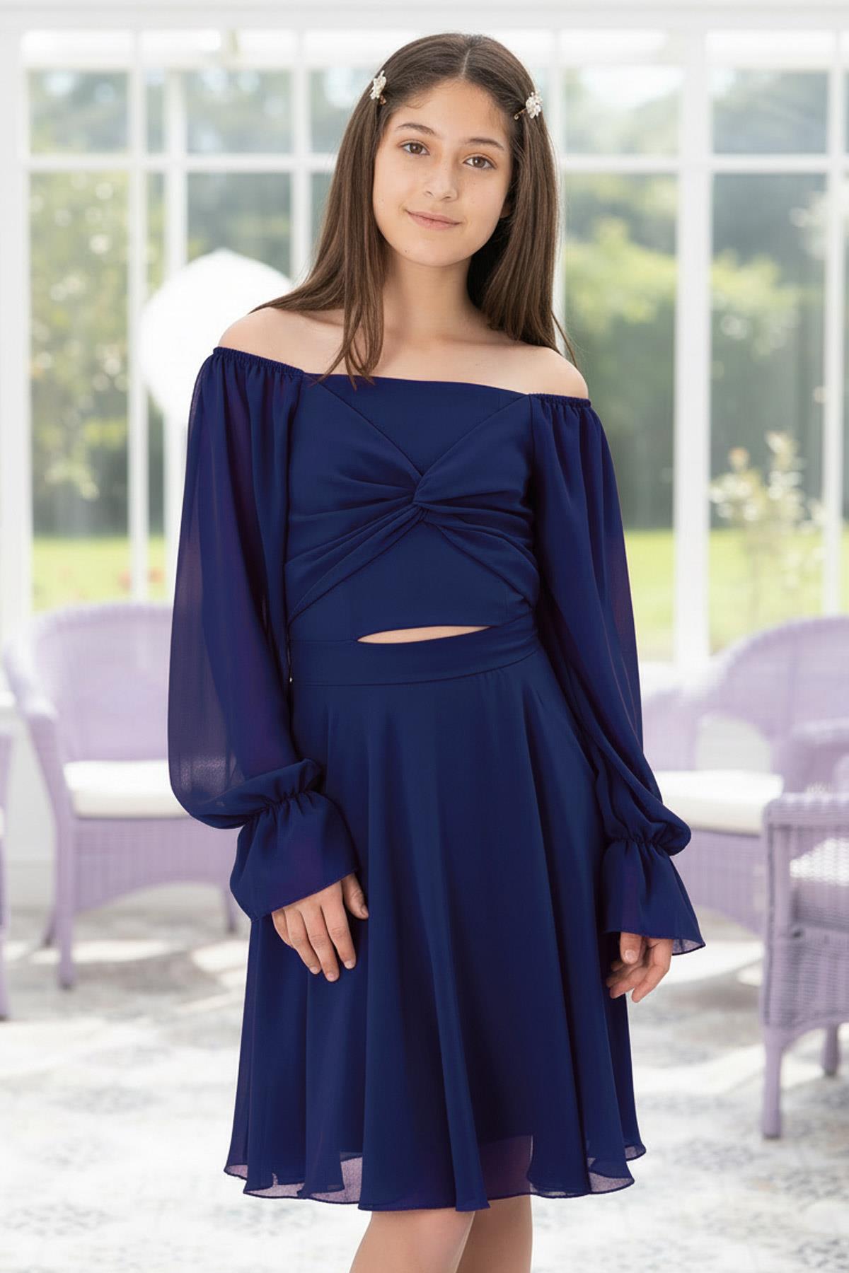 Ballon Sleeve Chiffon Abendkleid Navy Blau MDV934