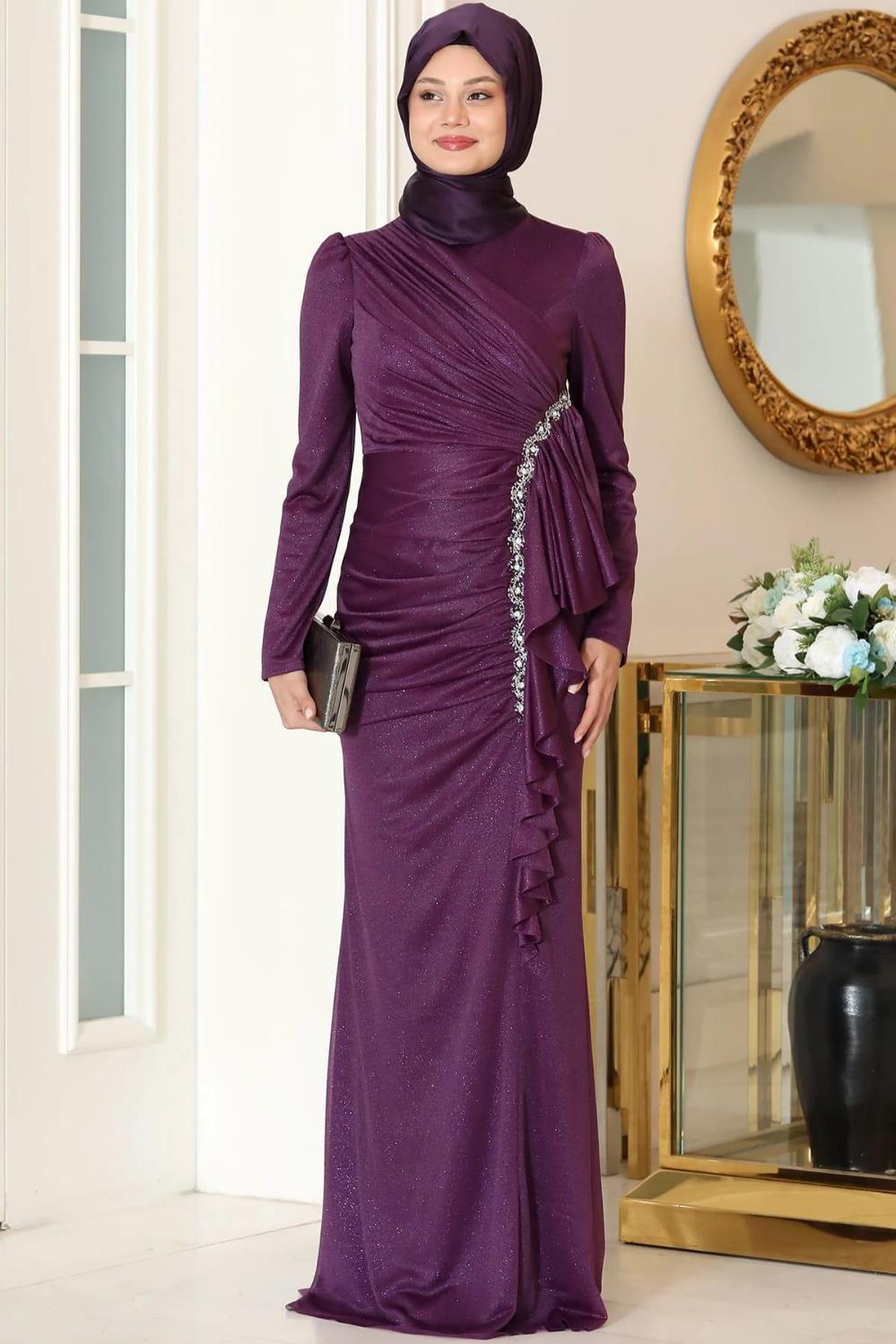 Stone Embroidered Glittery Purple Evening Dress SN78