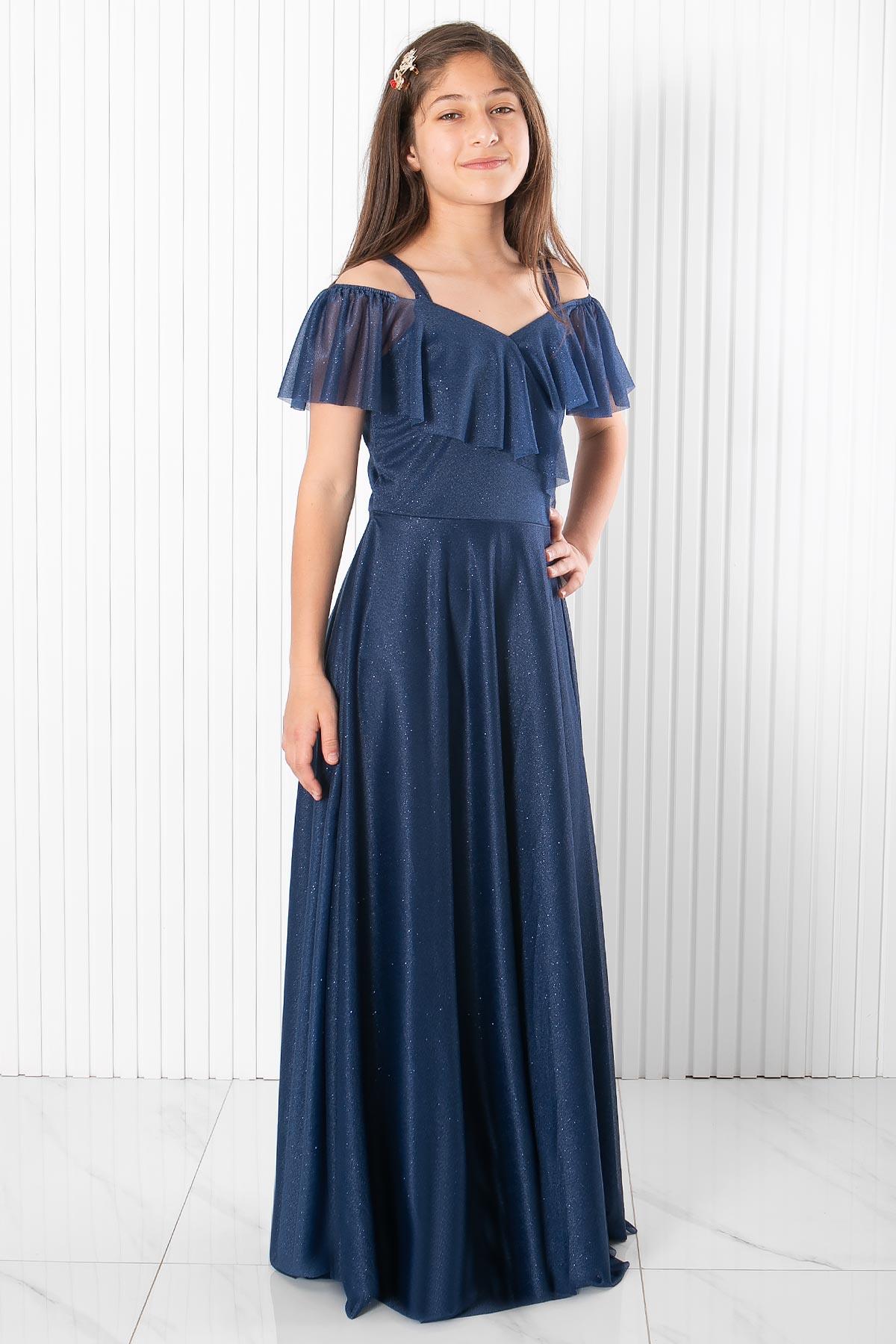 Robe De Soirée Argentée À Bretelles Bleu Marine MDV938