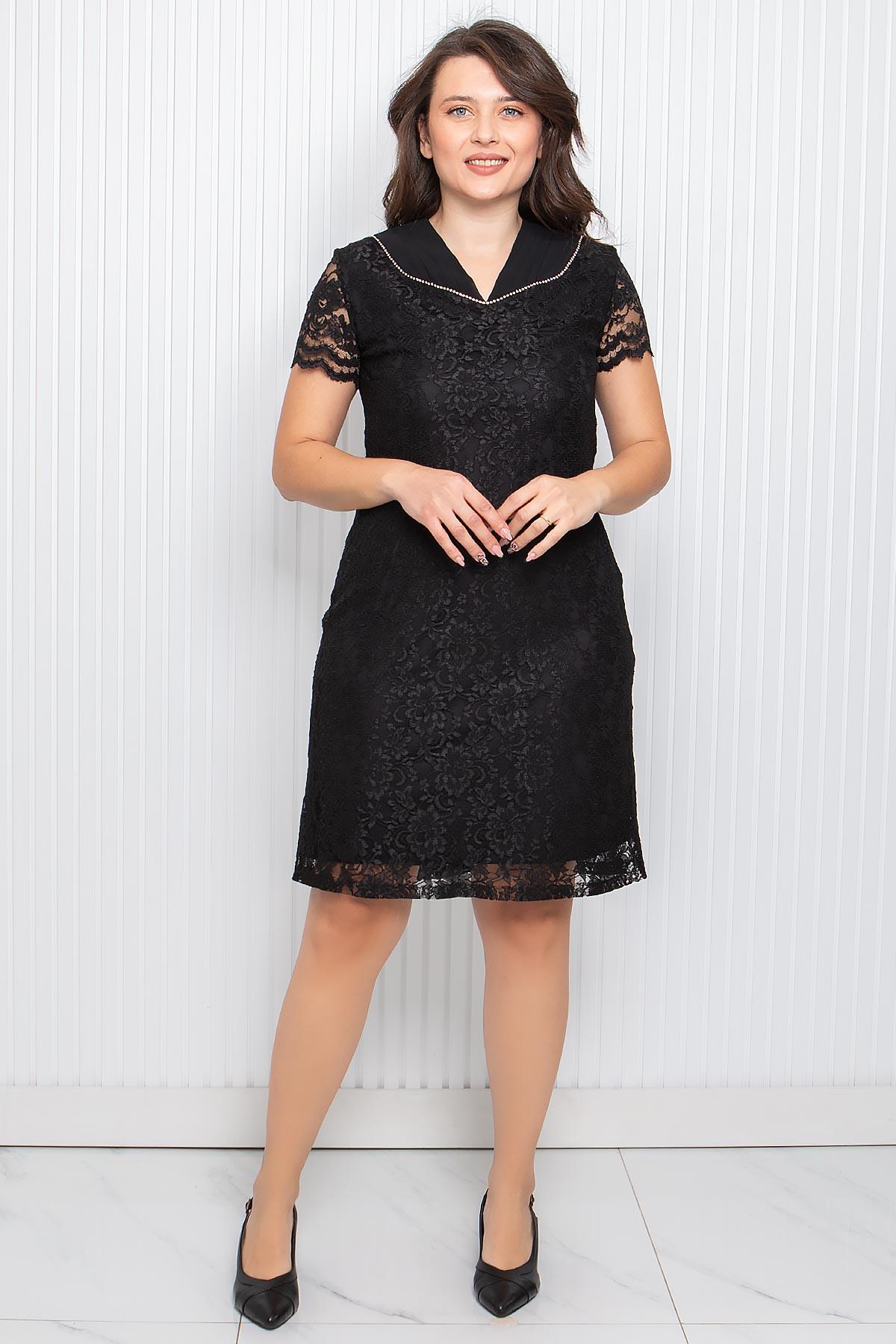 Stone Embroidered Lace Fabric Evening Dress Black MDA3091