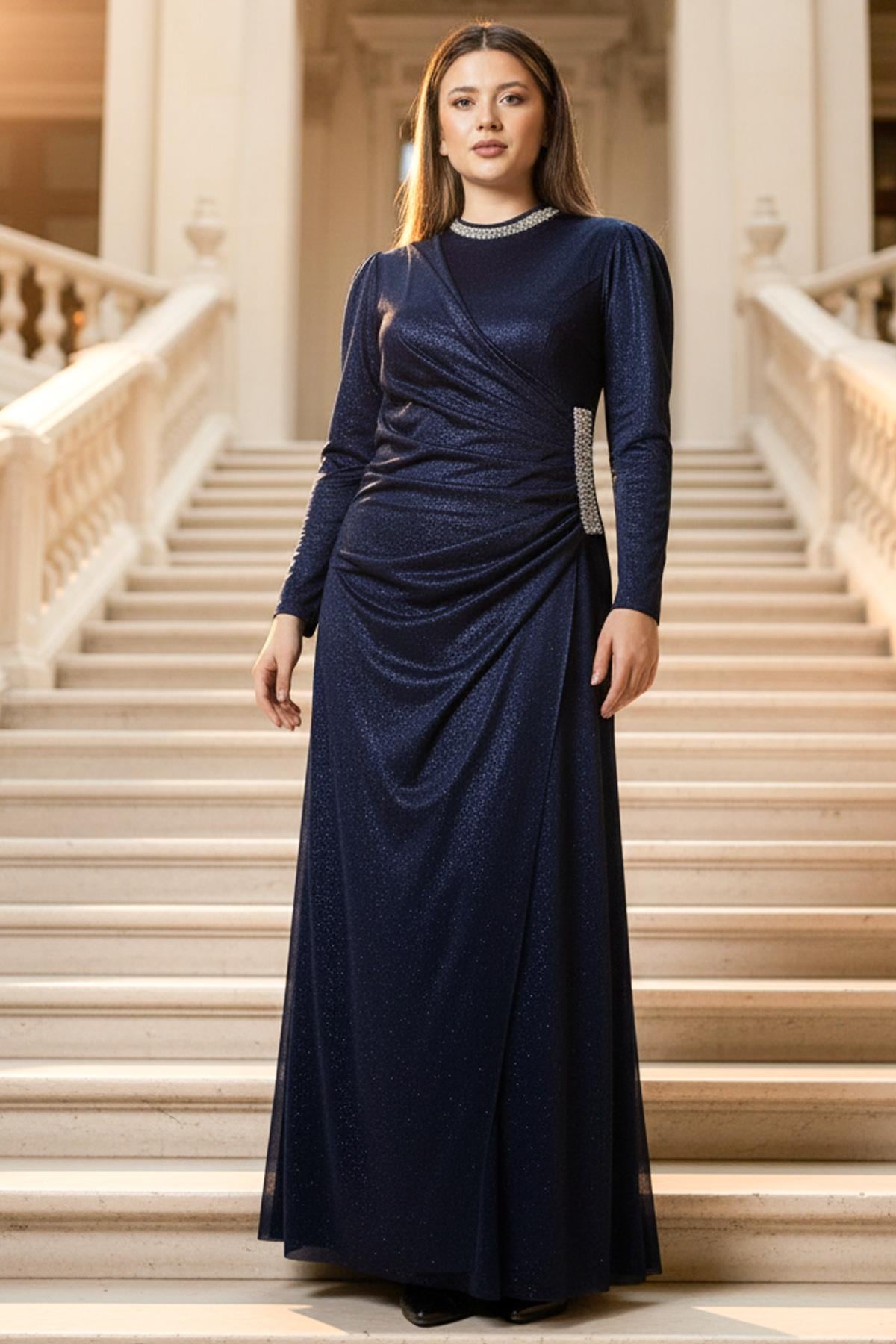 Taş Baskılı Simli Tül Abiye Elbise