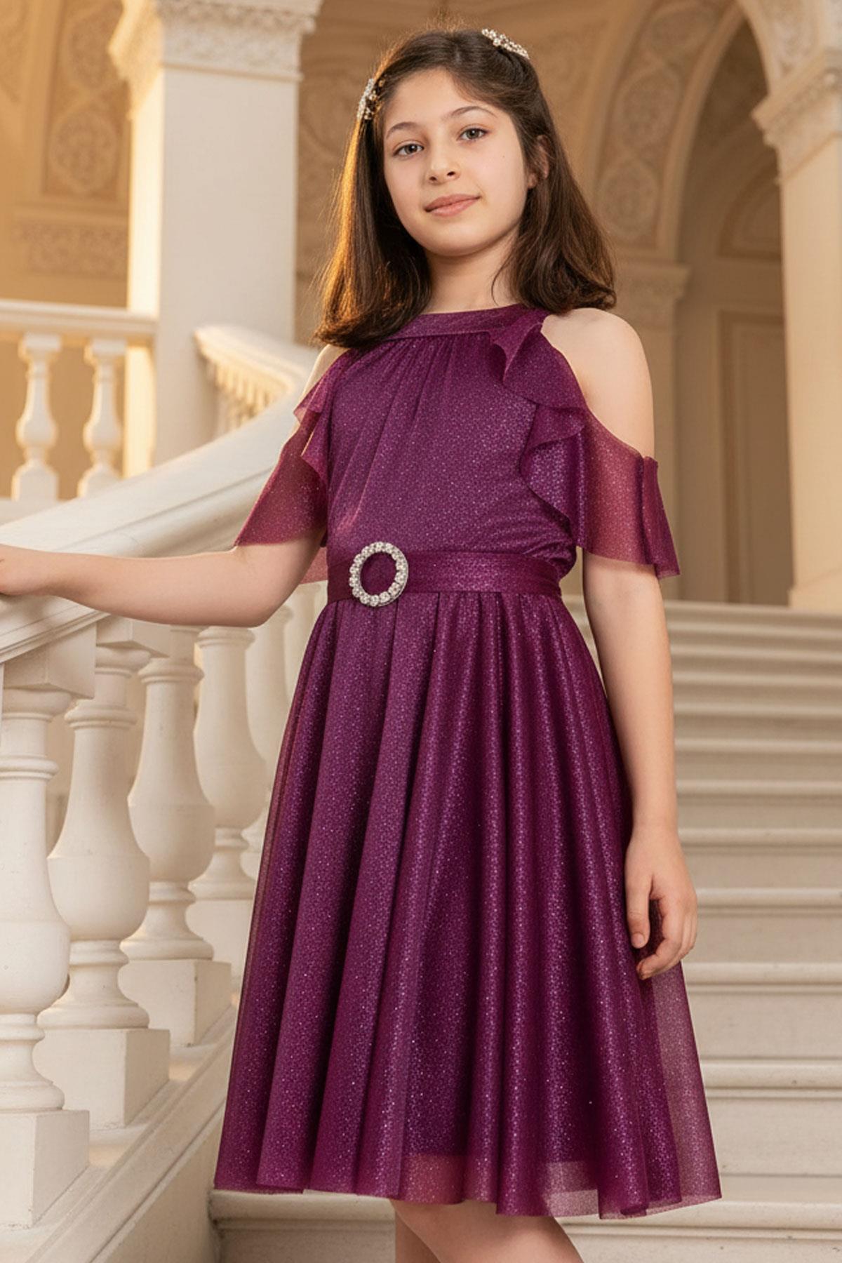 Silvery Tulle Child Evening Dress Plum MDV310