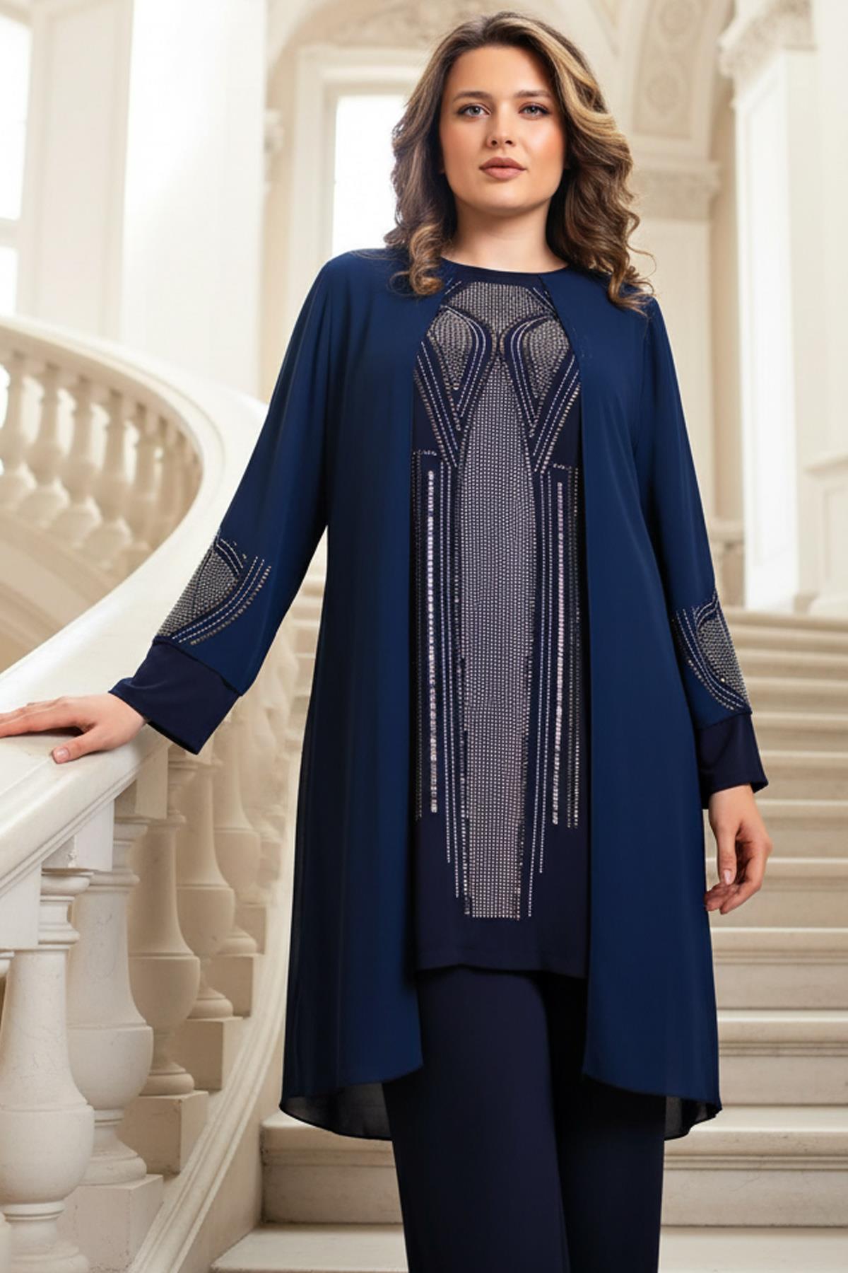 Stone Print Detailed Two Piece Suit Navy Blue FHM952
