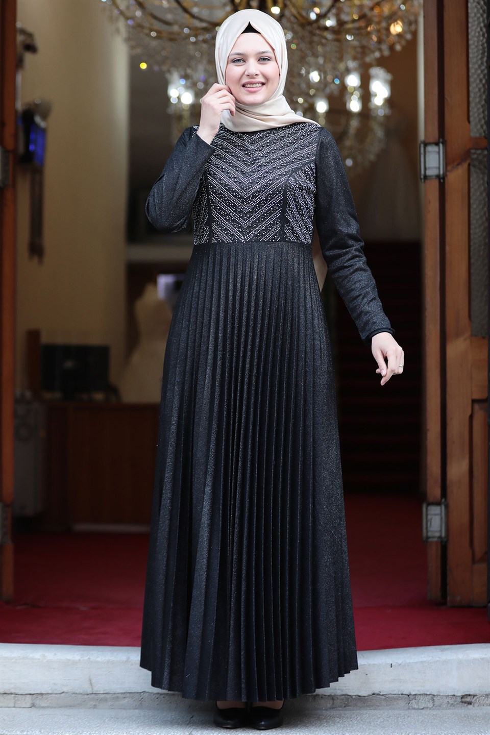 Evening Dress - Crepe - Lined - High Collar - Black AMH544 | Bahyezen