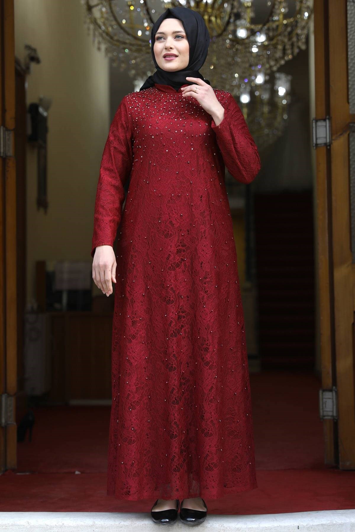 EDA DANTELLİ ELBİSEAMH628-BORDOAmine Hüma