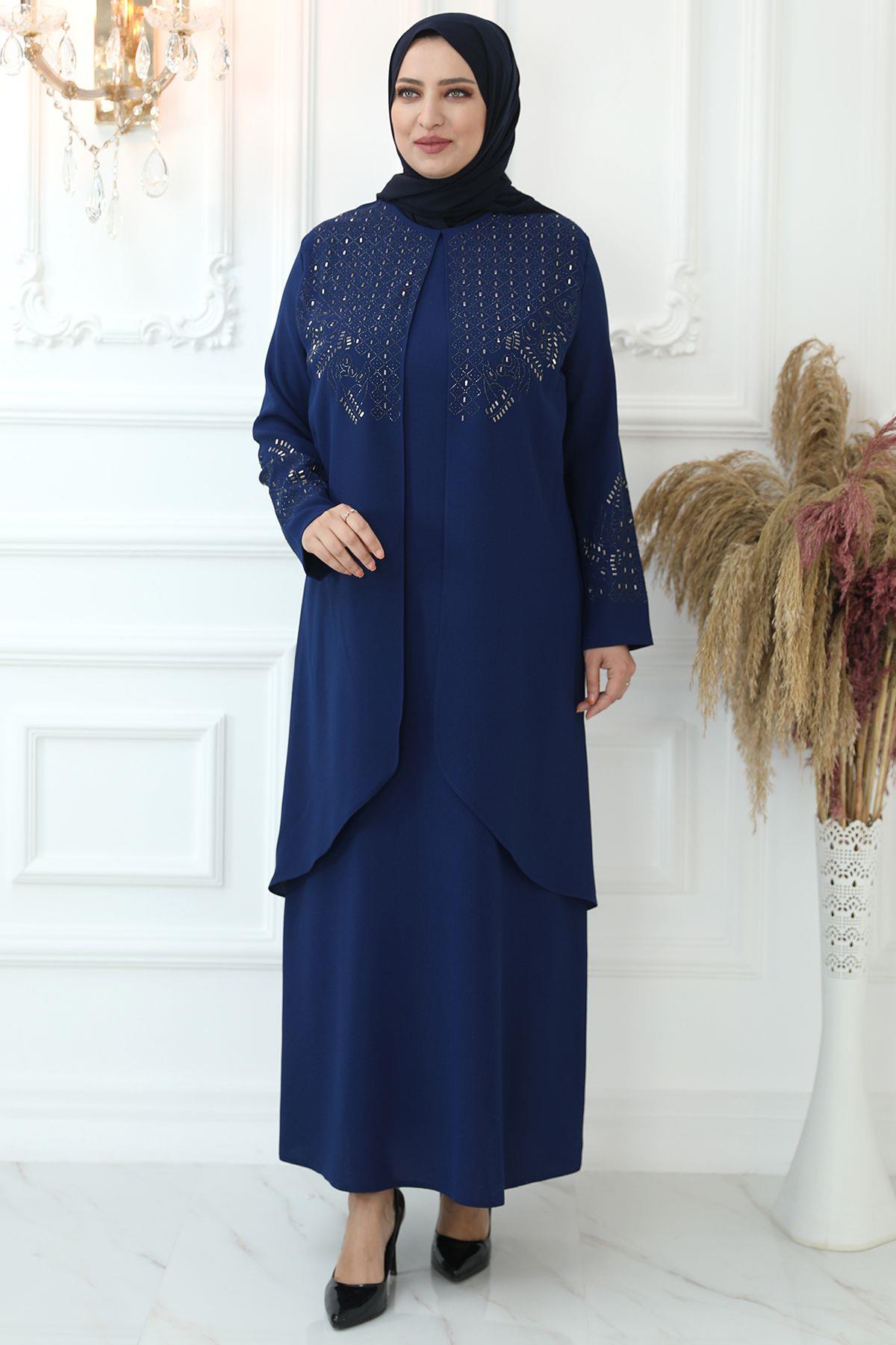 Stone Print Detail Evening Dress Indigo AMH792AMH792-İNDİGOAmine Hüma
