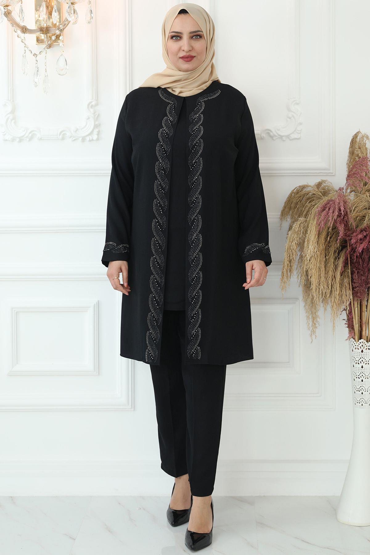 Stone Embroidered Double Suit Black AMH810AMH810-SİYAHAmine Hüma