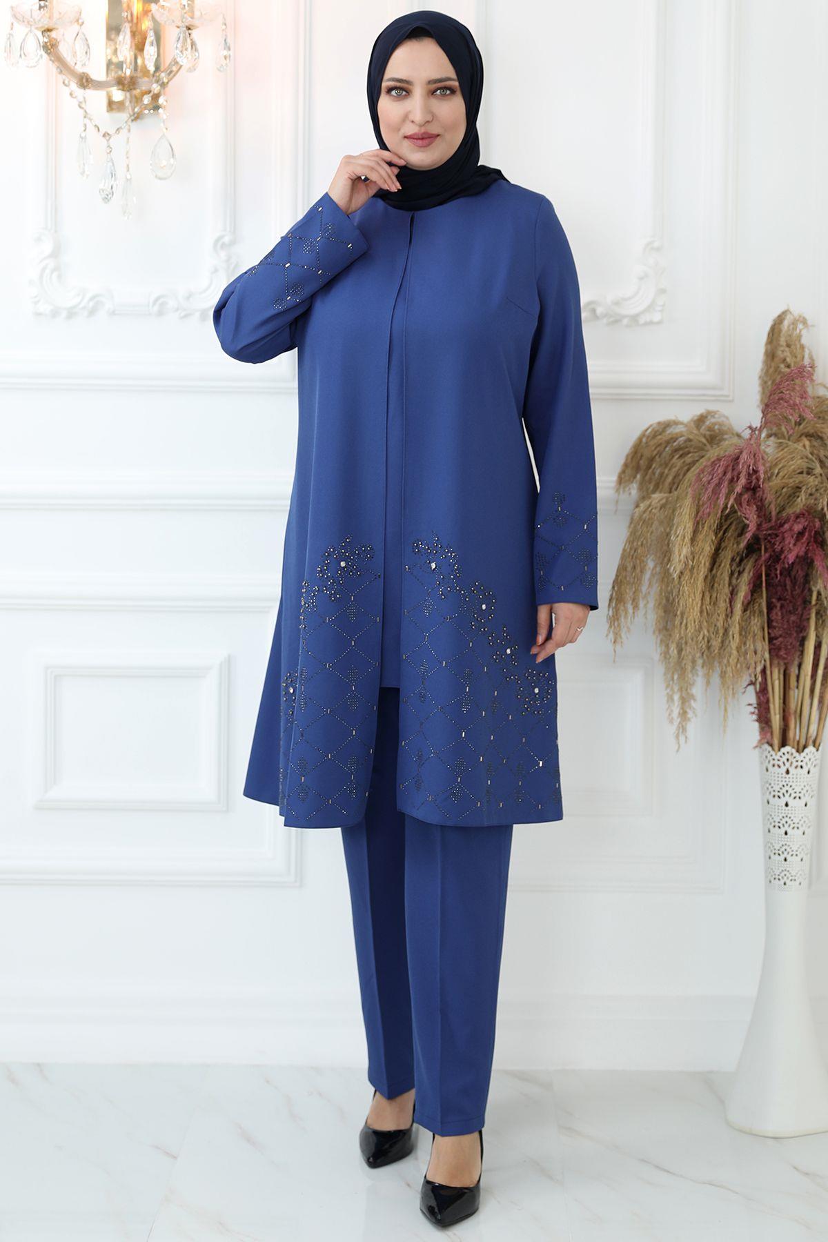 Stone Embroidered Double Suit Indigo AMH812AMH812-İNDİGOAmine Hüma