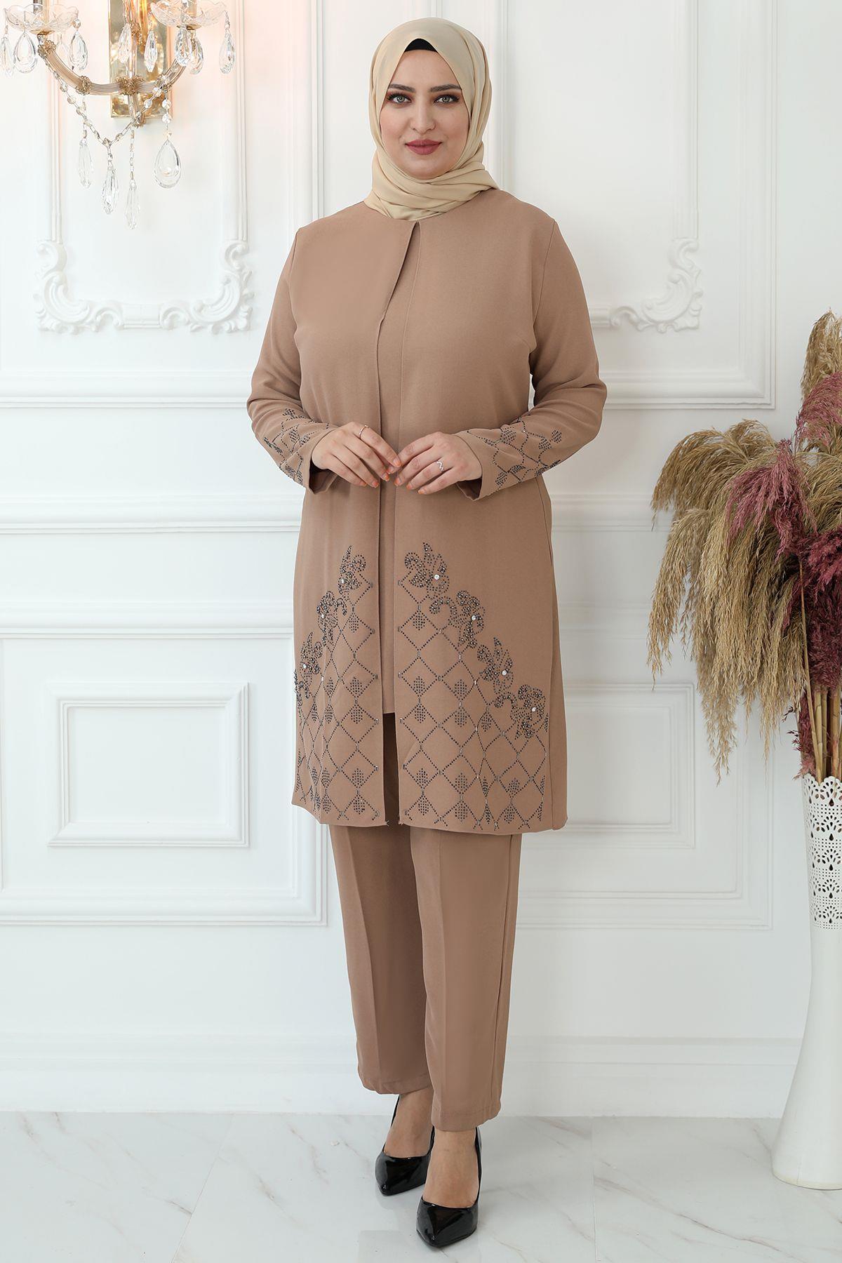 Stone Embroidered Double Suit Beıge AMH812AMH812-VİZONAmine Hüma