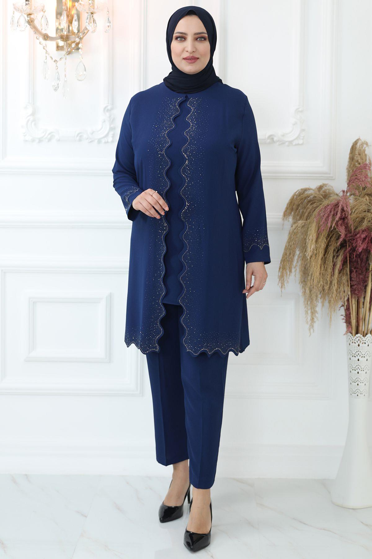 Costume Tunique Pantalon à Imprimé Pierre Indigo AMH814AMH814-İNDİGOAmine Hüma