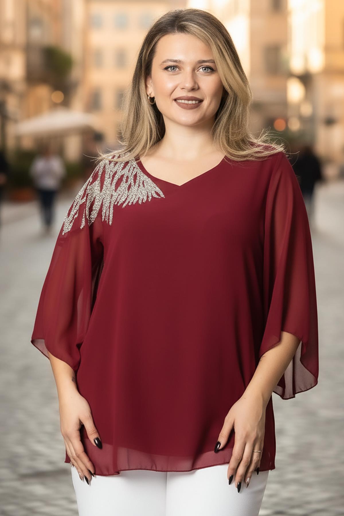 Tek Omuz İşlemeli Şifon Bluz  Bordo MDV972