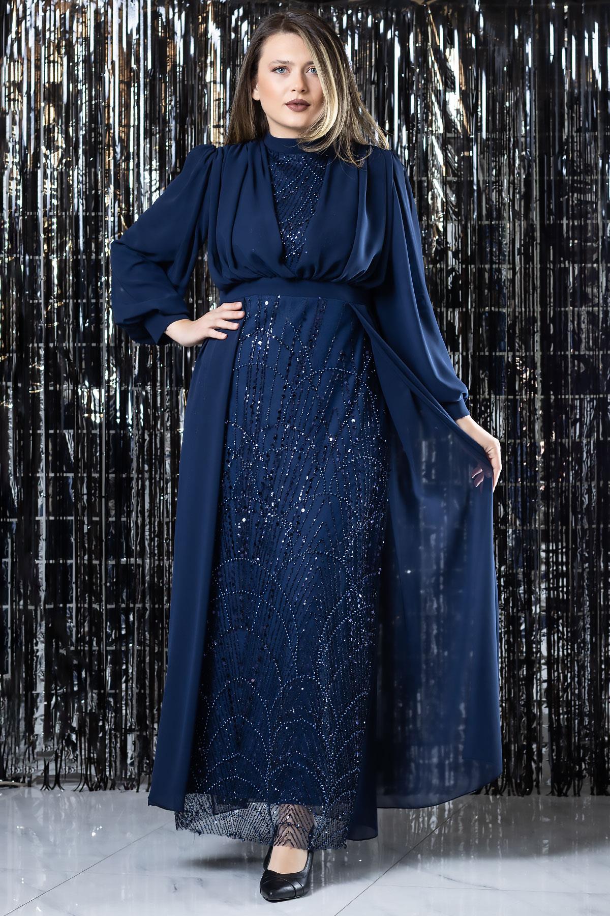 Chiffon Evening Dress with Embroidery Details Navy Blue FHM954
