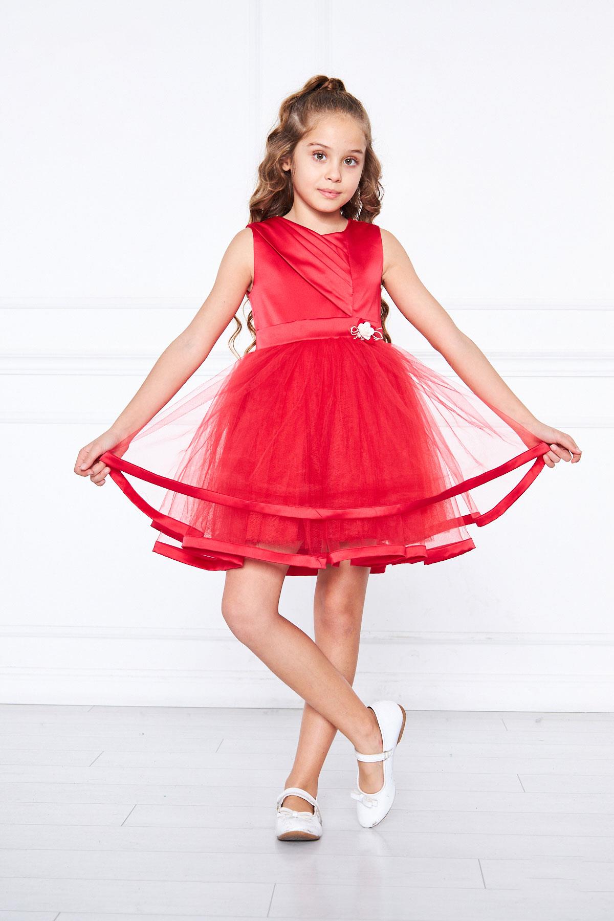 Kız Çocuk Saten Ve Tül Abiye Elbise Kırmızı KVC996