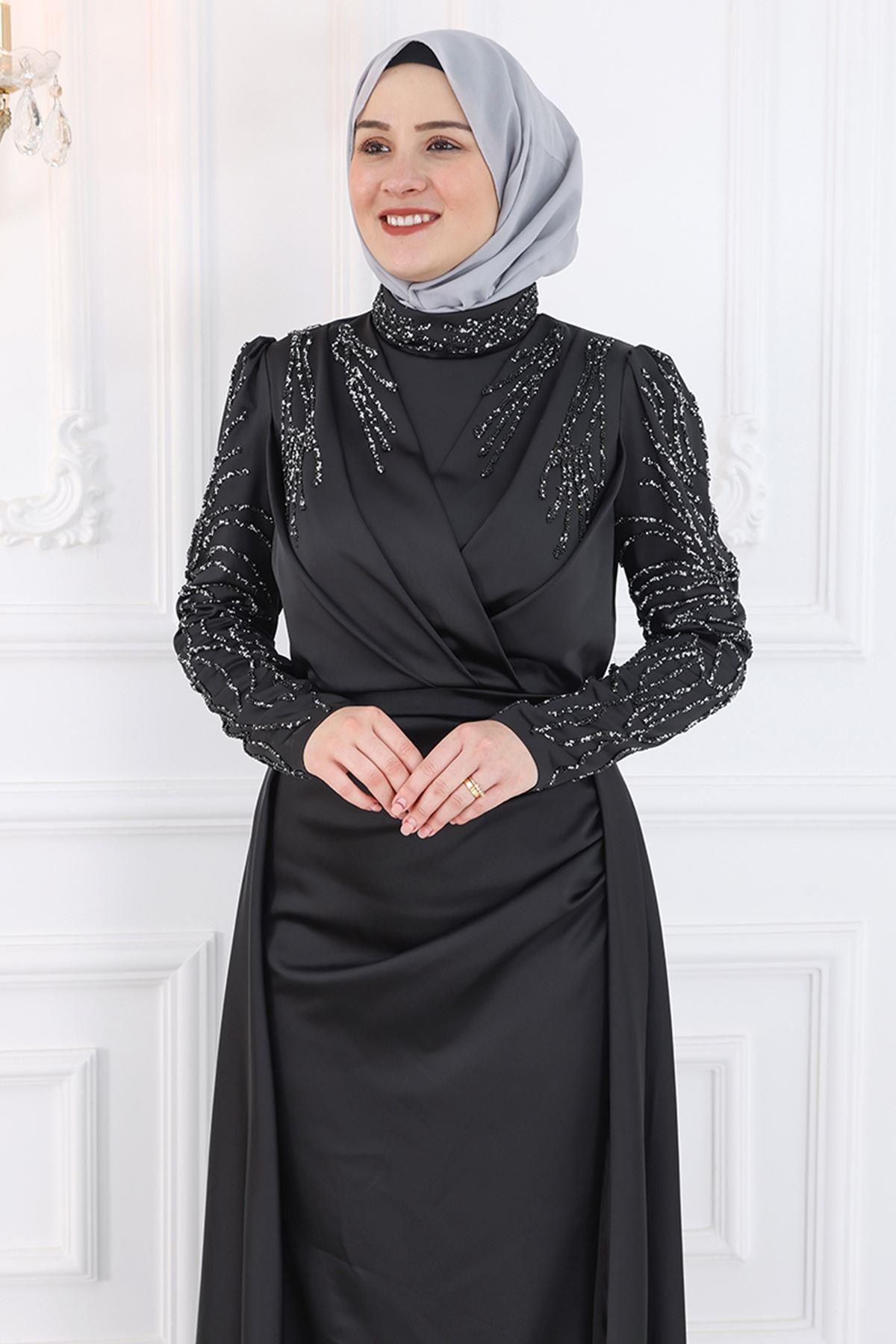 Robe De Soirée Brodée De Pierres En Satin Noir AMH994