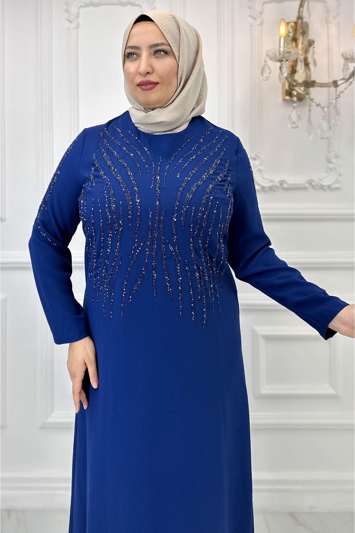 Stone Print Detailed Evening Dress Indigo AMH964