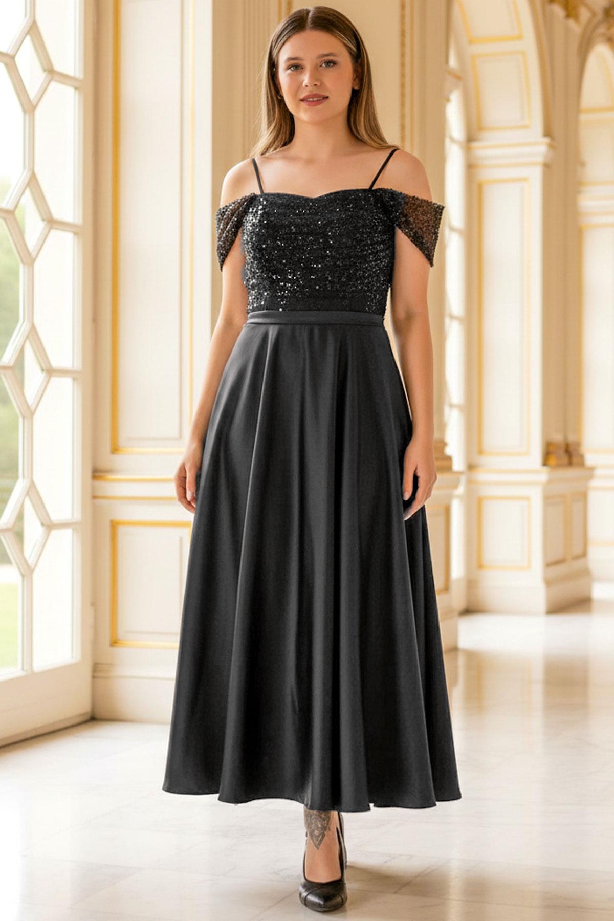 Pinkfarbenes Trägerloses Abendkleid mit Pailletten und Schwarzem Satin MDV386