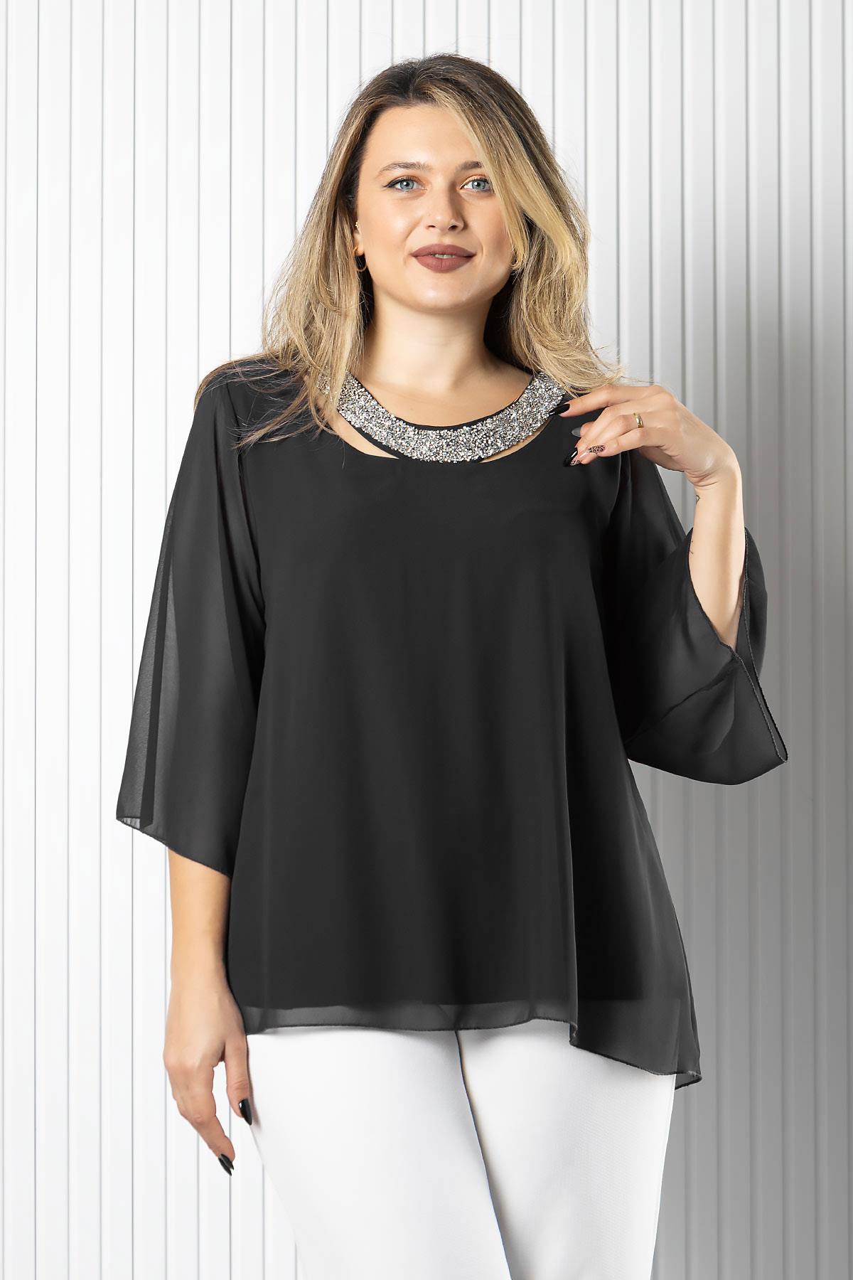 Şifon Yaka Detaylı Bluz Siyah MDV970