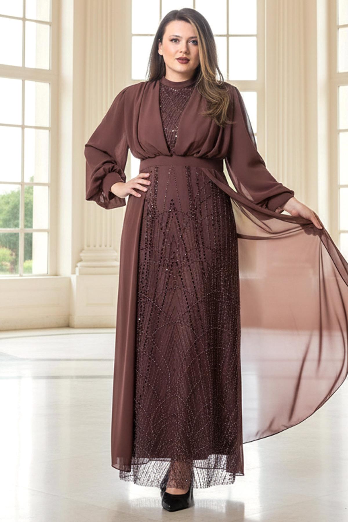 Robe de Soirée en Mousseline avec Détails Brodés, Rose Poudré FHM954
