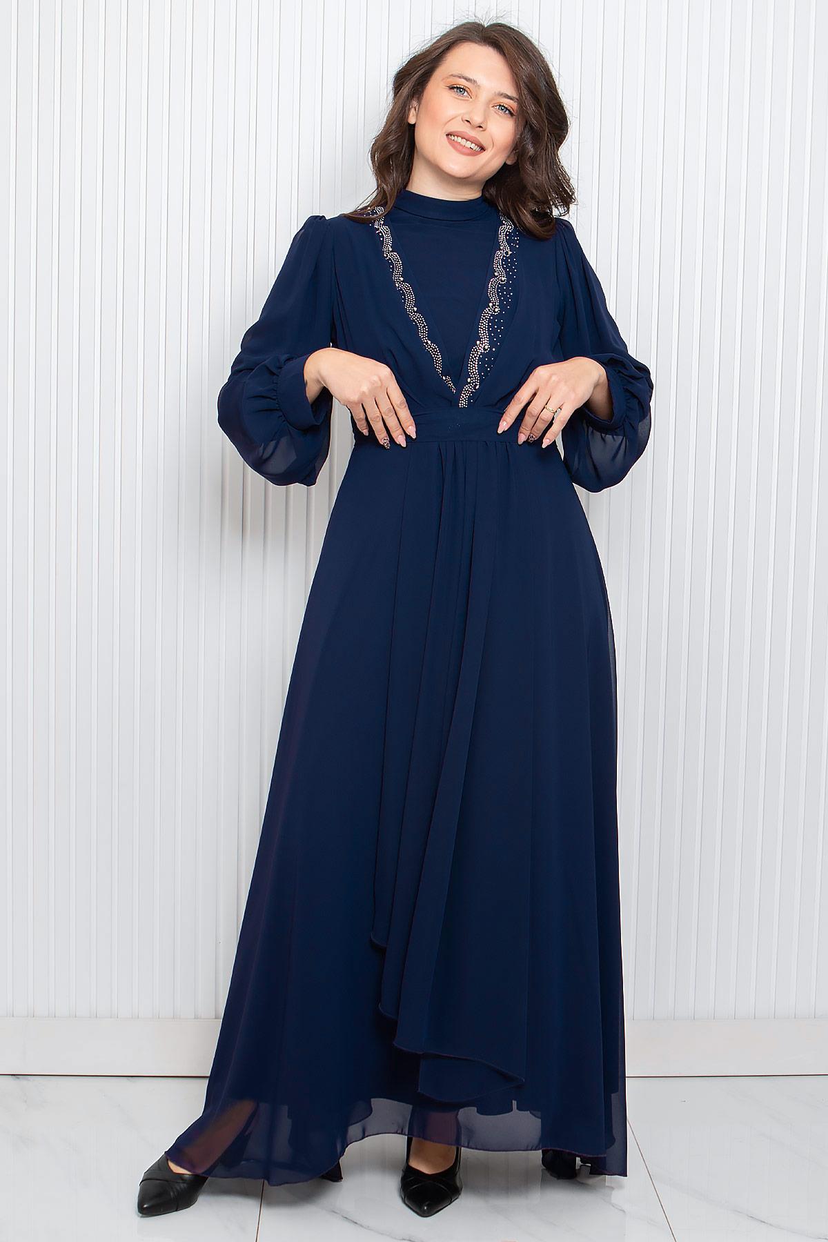 Stone Print Detailed Chiffon Evening Dress Navy Blue FHM950