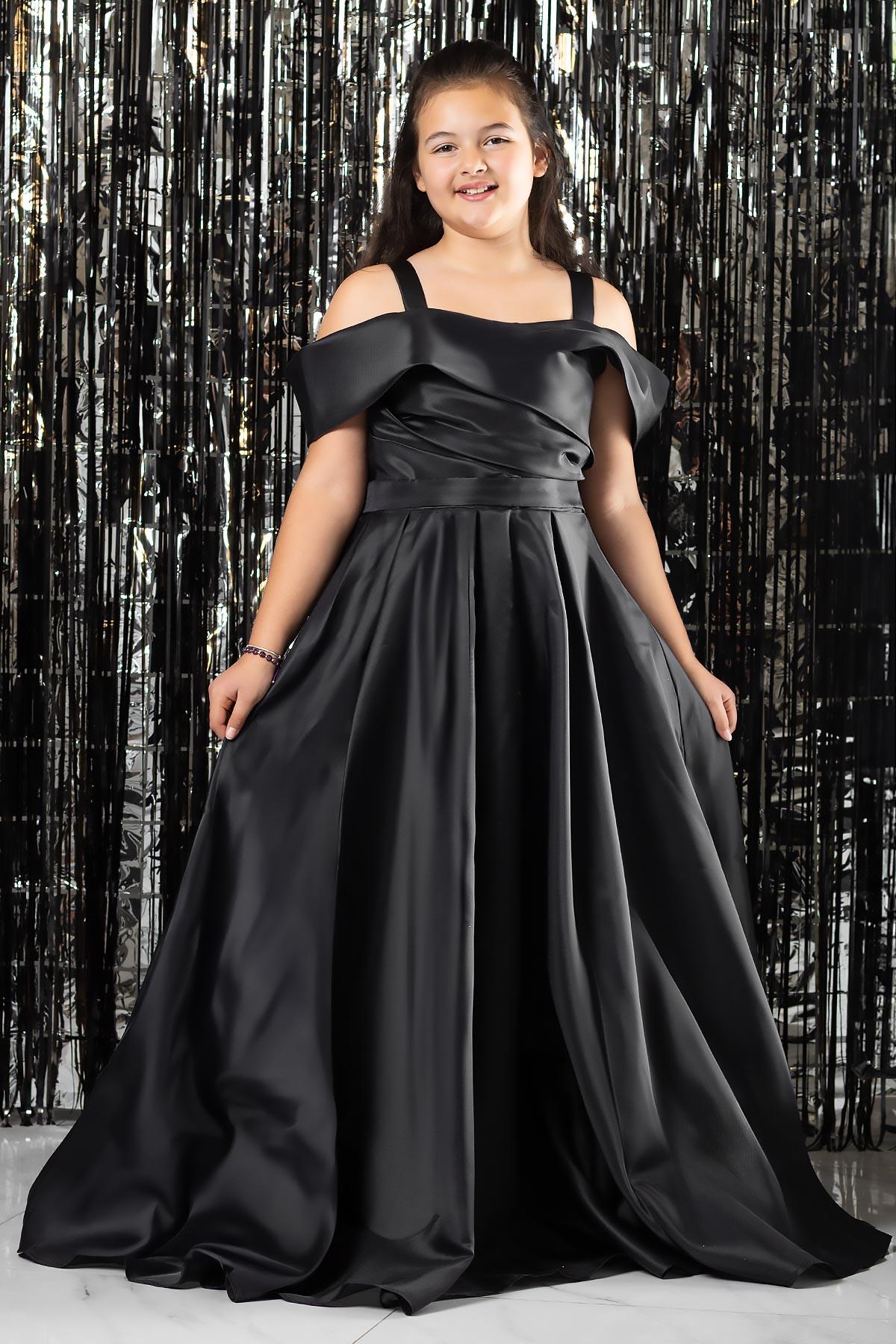 Robe de Soirée à Bretelles et Taille Elastique Noir MDV362