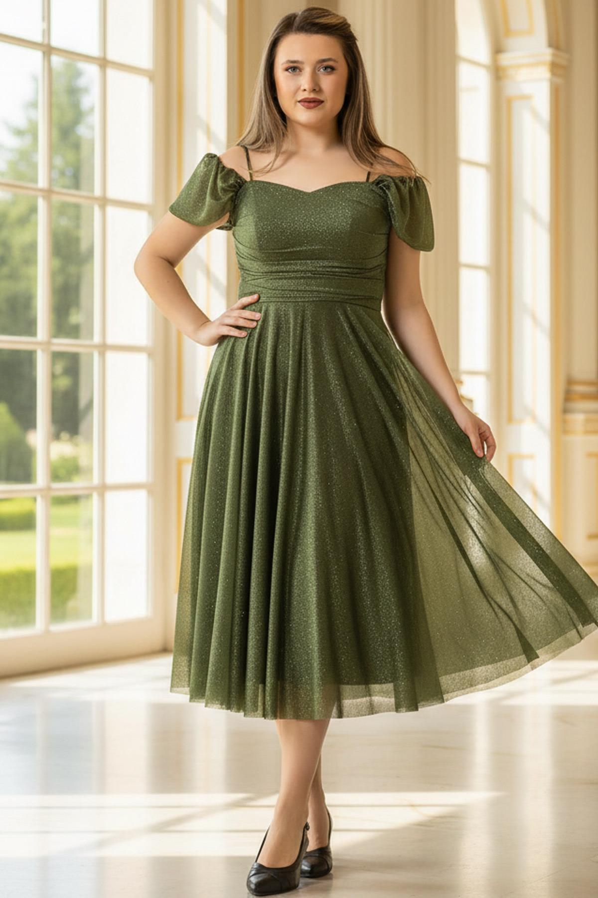 Strapless Glitter Evening Dress Khaki MDV376
