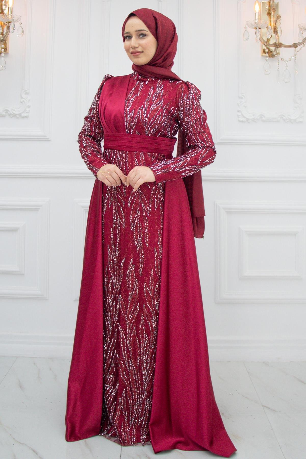 Robe De Soirée Brodée En Satin Et Pierre Bordeaux  AMH970