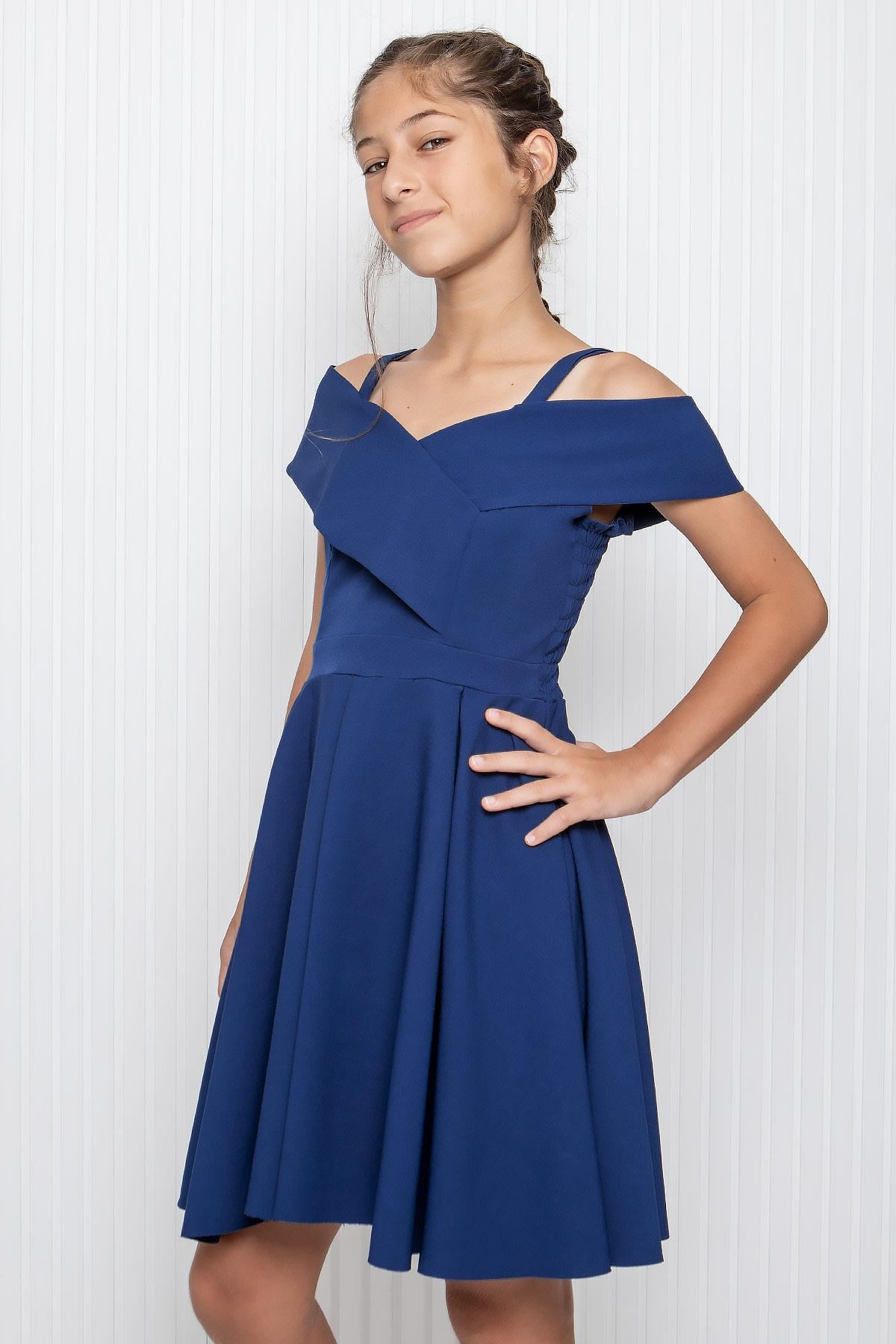 Robe de Soirée en Crêpe à Volants Bleu Marine MDV350