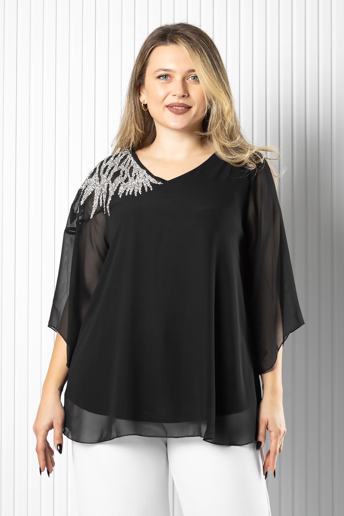 Tek Omuz İşlemeli Şifon Bluz 