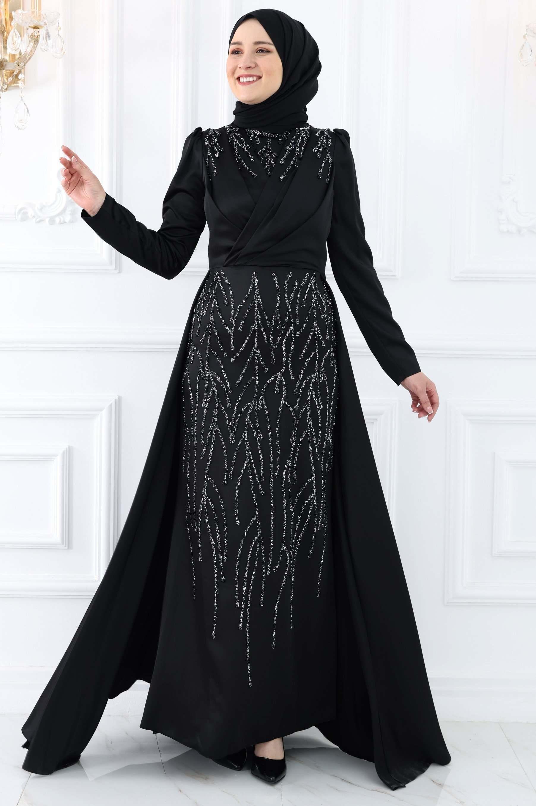 Stone Print Detailed Evening Dress Black AMH984
