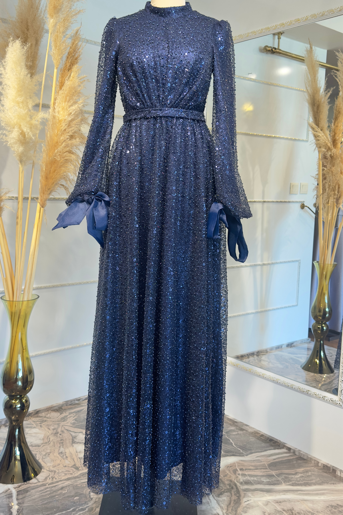 Robe De Soirée Perlée Bleu Marin AHN264