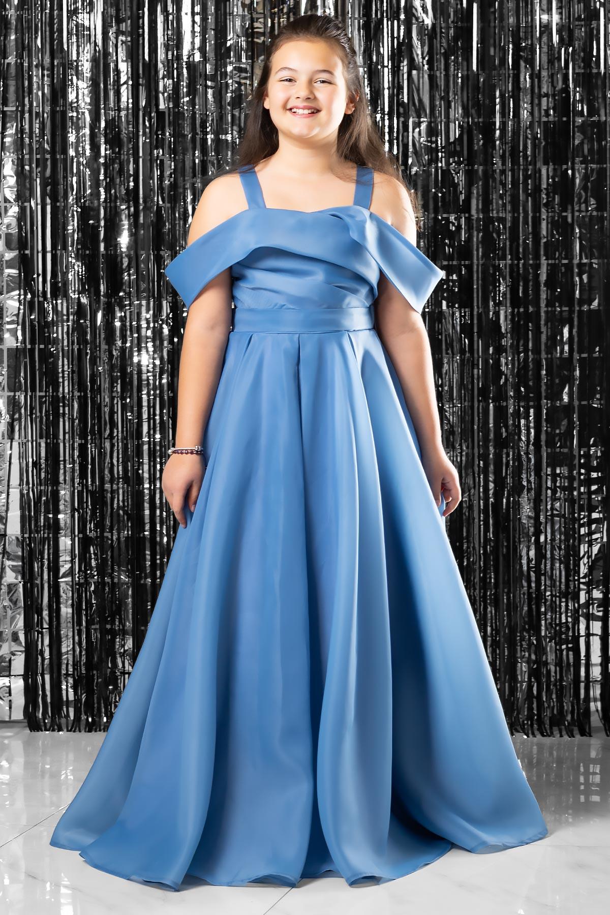 Straped Waist Elastic Evening Dress Indigo MDV362

