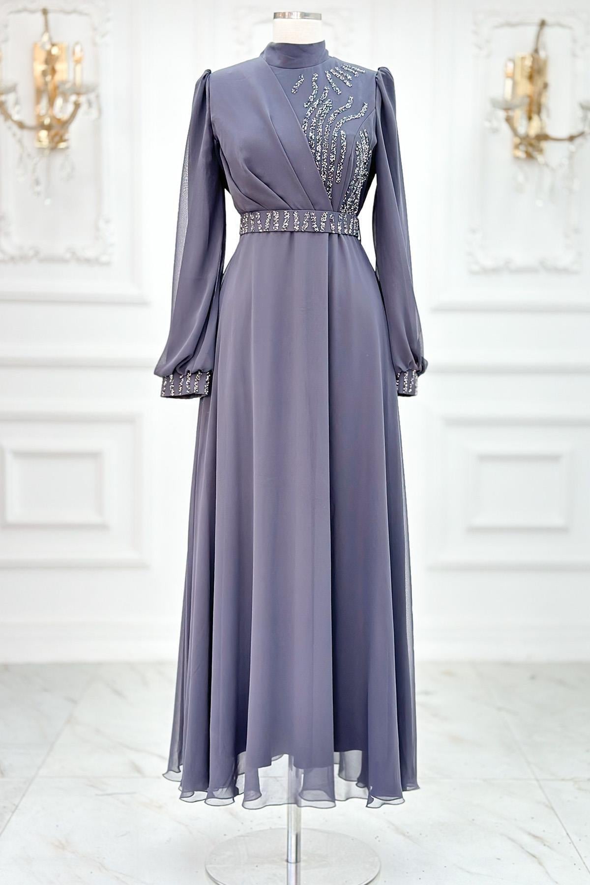 Silvery Sequined Evening Dress Anthracite AMH928